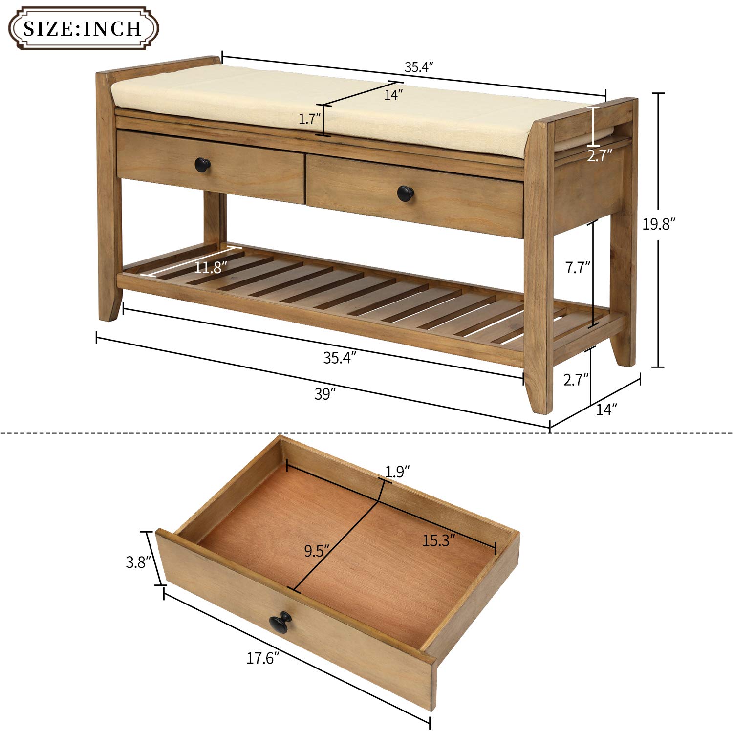 Quarte Farmhouse Shoe Bench - Rustic Wood Entryway Storage Bench with Cushioned Seat & 2 Drawers, Multipurpose Hallway Shoe Rack for Living Room, Dining Room & Bedroom - Perfect for Organizing Shoes, Hats & Scarves in Small Spaces (Old Pine Finish)