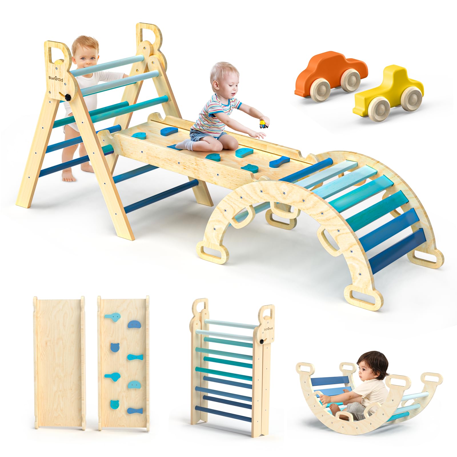 BlueWood Pikler Triangle Set 7-in-1 Foldable Baby Climbing Gym with Arch, Ramp & Ladder - Montessori Wooden Toys for Toddlers 1-3 Years - Indoor Play Equipment for Home, Nursery & Daycare - Sky Blue