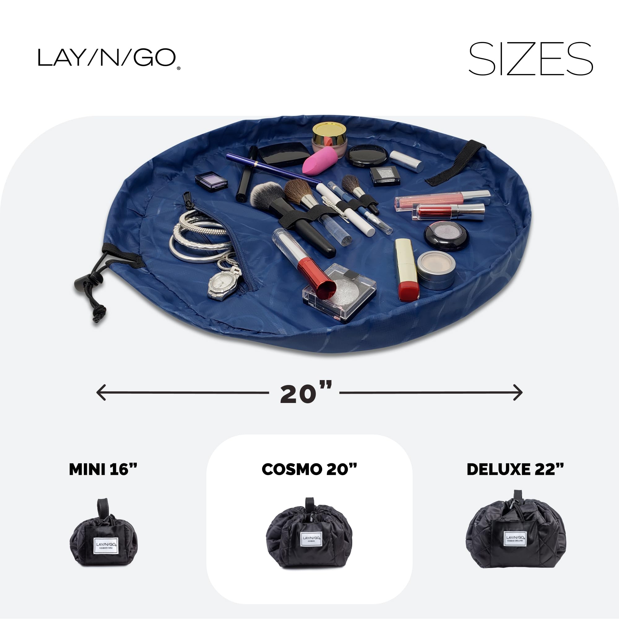 Lay-n-Go Cosmo Drawstring Cosmetic & Makeup Organizer Bag with Zipper Pocket & Makeup Loops - 20