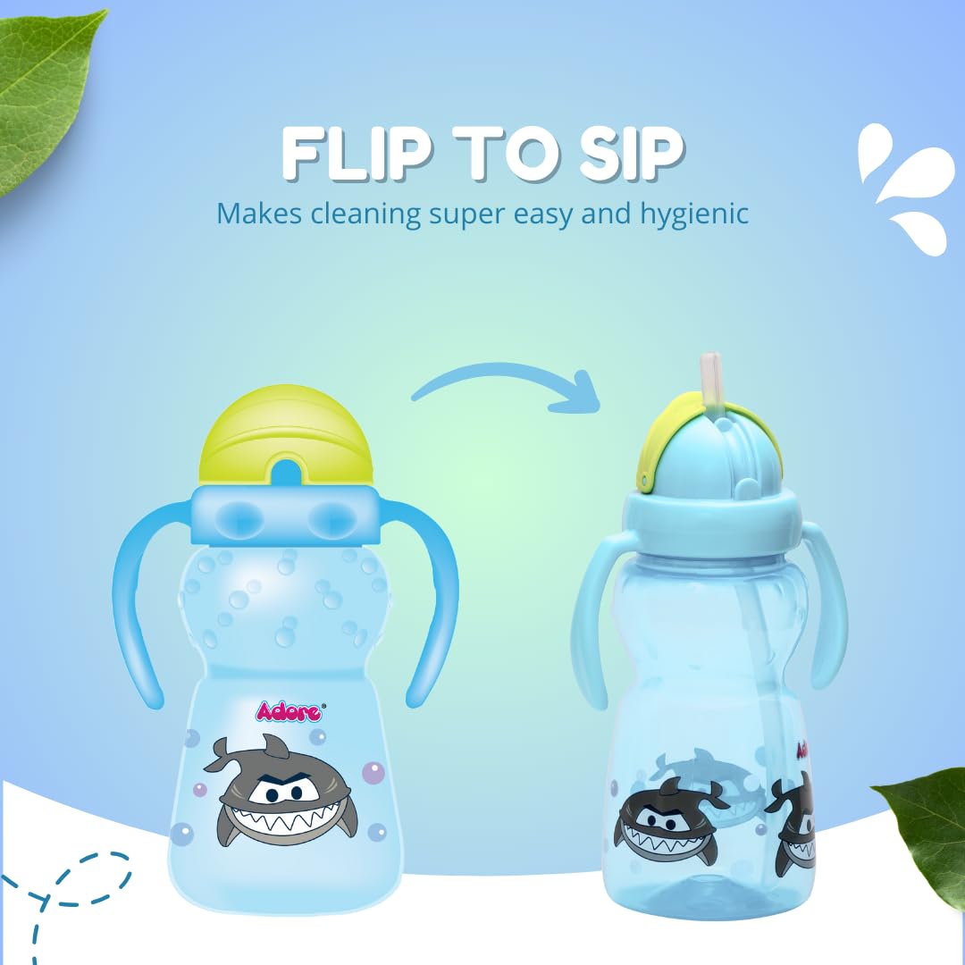 Adore Zing Twin Handle Straw Cup - BPA Free Baby Water Bottle for Kids & Toddlers | 300ml Leak Proof Plastic Straw Sipper for Boys & Girls | Perfect for Daycare, Travel & Outdoor Activities (Blue)
