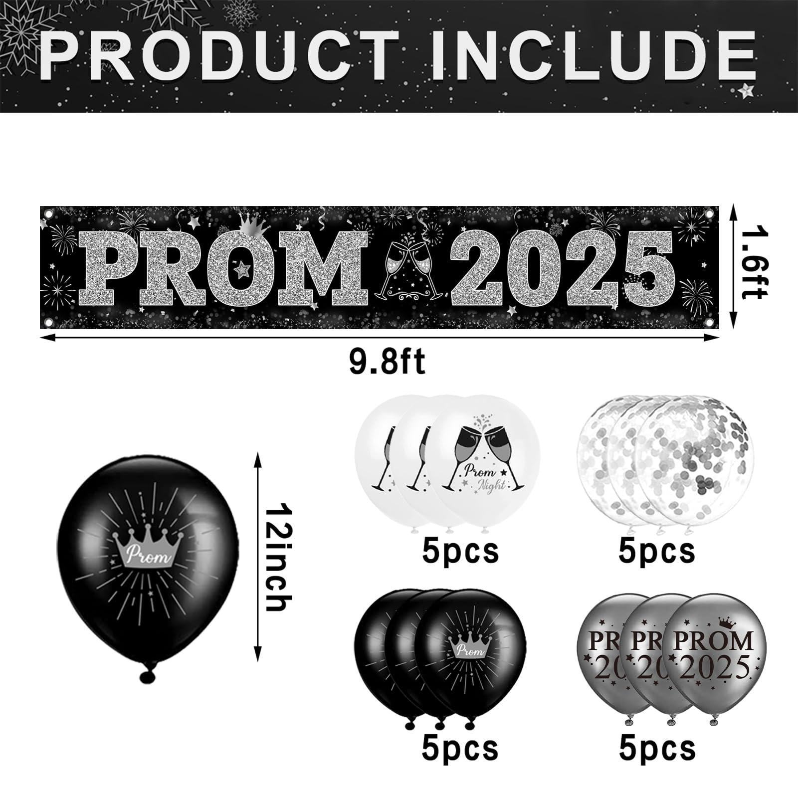 2025 Graduation Prom Banner Decorations - Black & Silver Yard Sign with Balloons (9.8x1.6 ft) for Prom Party, Send Off & Outdoor Decor | Perfect for High School Graduation Celebrations & Photo Backdrops
