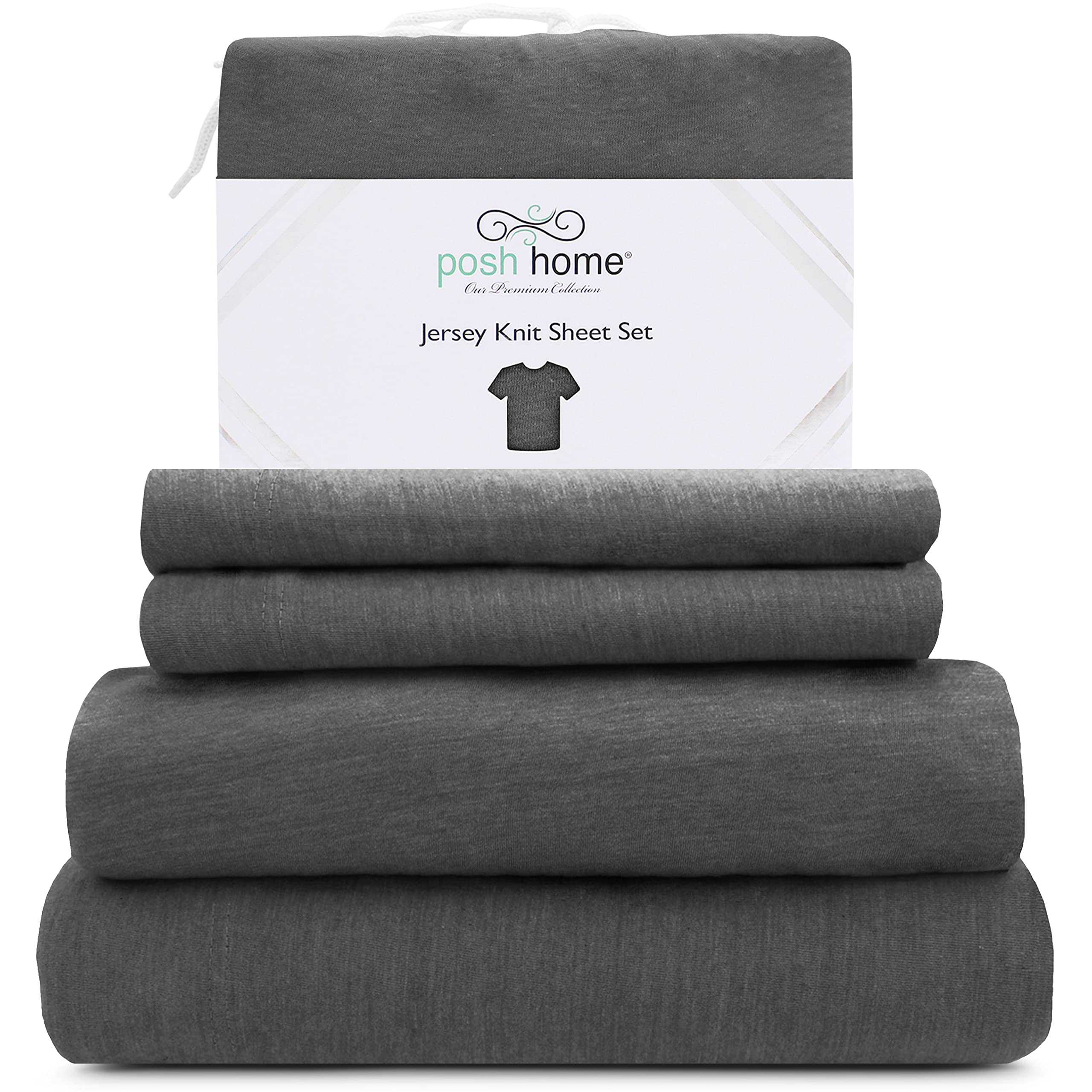 Posh Home Jersey Knit Sheet Set – 4-Piece Soft Cotton Jersey Bed Sheets for King Size Beds – Breathable T-Shirt Material Includes Flat Sheet, Fitted Sheet & 2 Pillowcases – Perfect for All-Season Comfort in Gray | Ideal for Cozy Nights, Guest Rooms & Modern Bedrooms