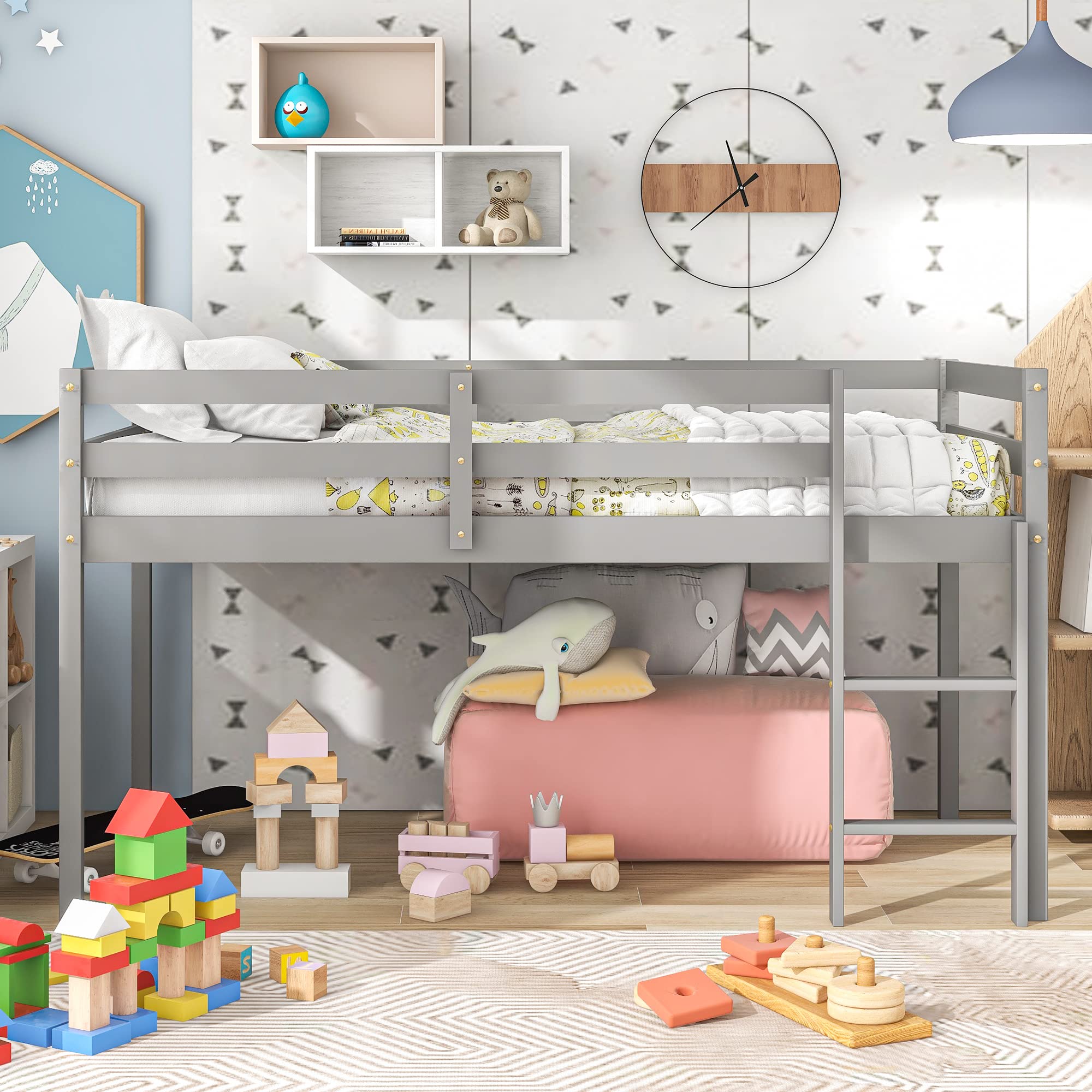 Solid Wood Twin Loft Bed with Guard Rail & Ladder - Low Profile Kids Bed for Boys & Girls - No Box Spring Needed - Classic Children's Bedroom Furniture with Storage (Gray) - Perfect for Small Spaces, Dorm Rooms & Kids' Bedrooms