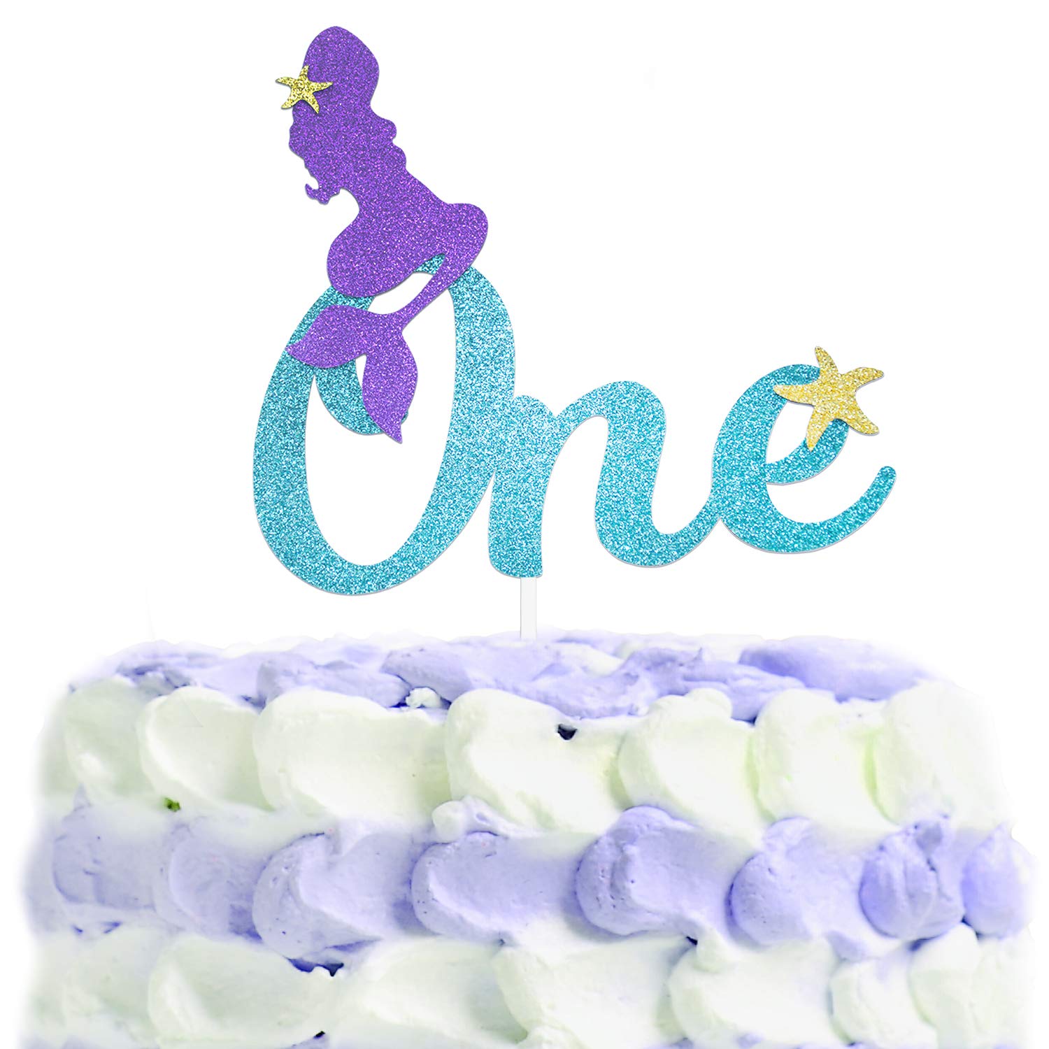 Blue Sea Gold Glitter Mermaid Cake Topper - Under The Ocean Theme Birthday Party Decor for 1st Birthday, Baby Shower & Wedding - Perfect for Cake Decorations, Dessert Table Displays & Underwater Party Photo Props