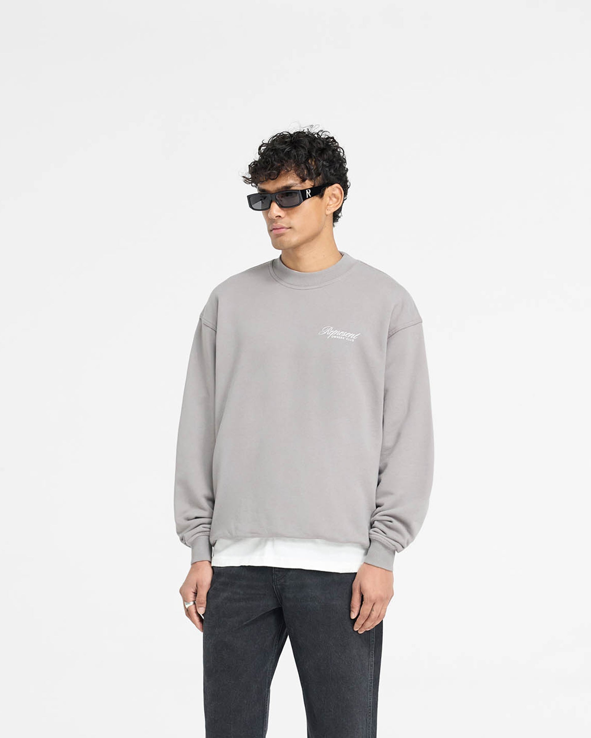 Represent Owners Club Script Sweater - Slate Gray Pullover | Vintage Inspired Streetwear for Men & Women | Perfect for Casual Outfits, Street Style & Urban Fashion