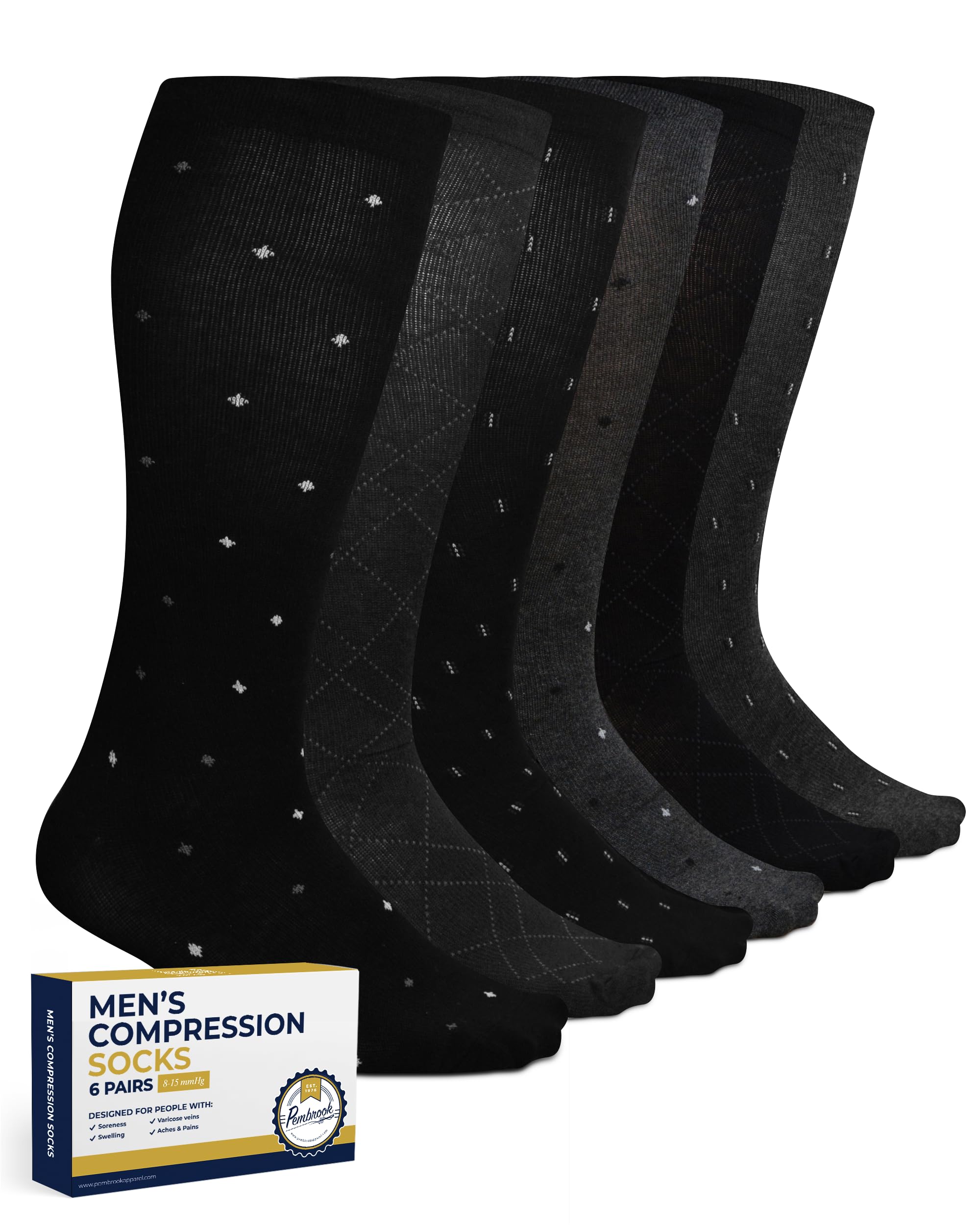 Pembrook Men's Light Compression Socks 6-Pack (8-15 mmHg) - Graduated Support Socks for Circulation & Swelling Relief - Ideal for Running, Travel & Work