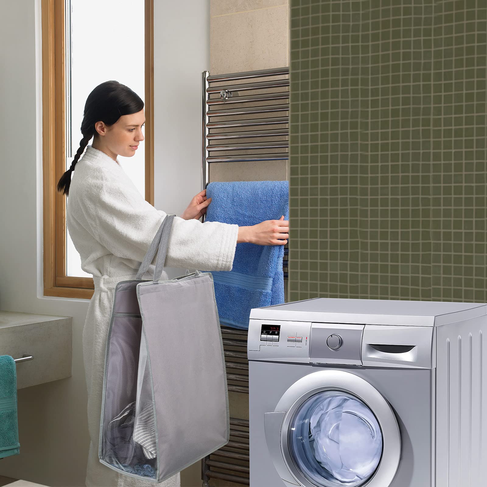 Fentec Hanging Laundry Hamper & Basket - 2 Pack Grey Mesh Heavy Duty Storage Bag with Handles for Closet, Dorm, Travel & Camping - Portable Slim Space Saving Solution