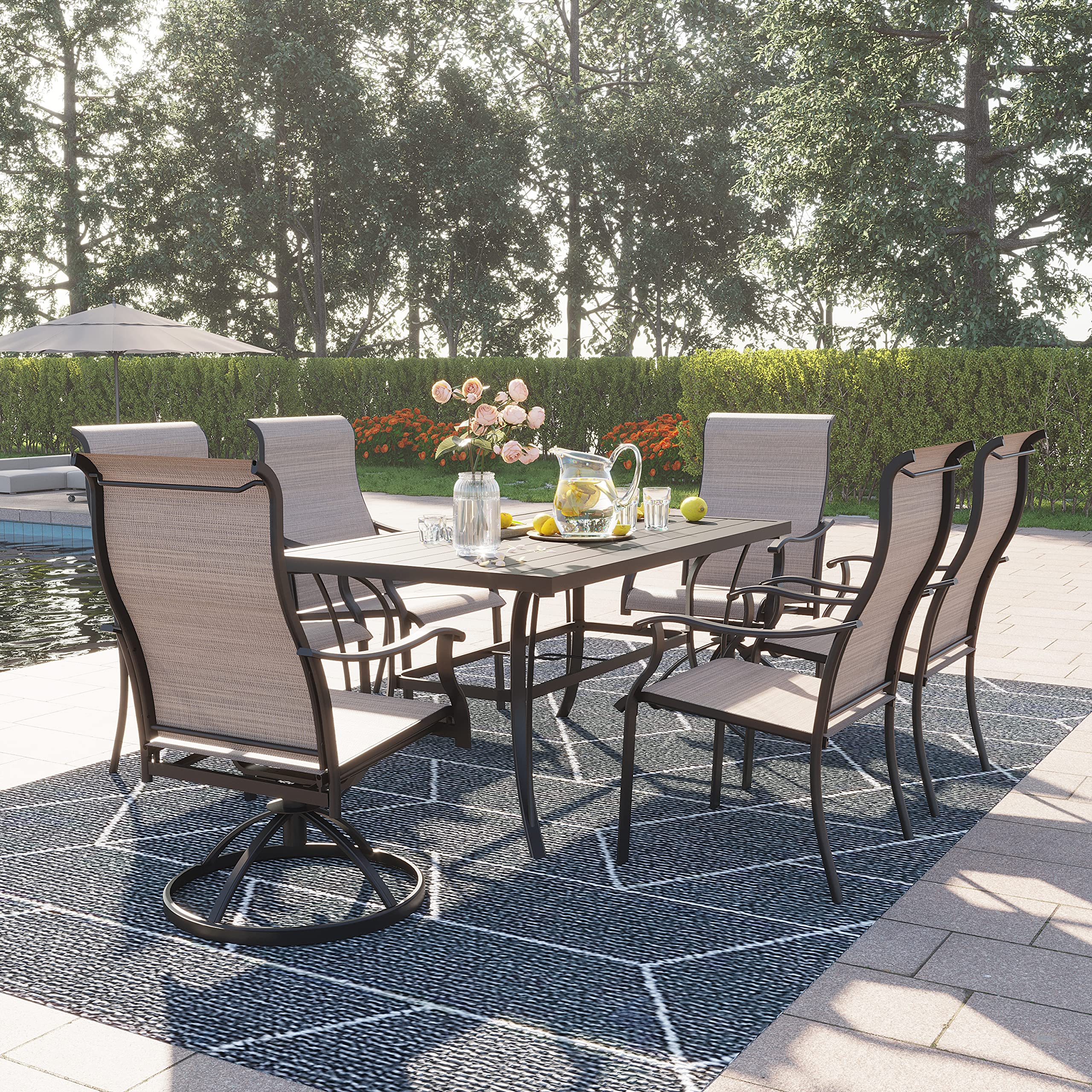 7-Piece Outdoor Dining Set by BACKYADOOR - All-Weather Textilene Patio Furniture with Metal Table (Umbrella Hole) & 6 Chairs - Perfect for Lawn, Deck, Backyard & Poolside (Khaki) | Durable Outdoor Entertaining & Relaxation Solution