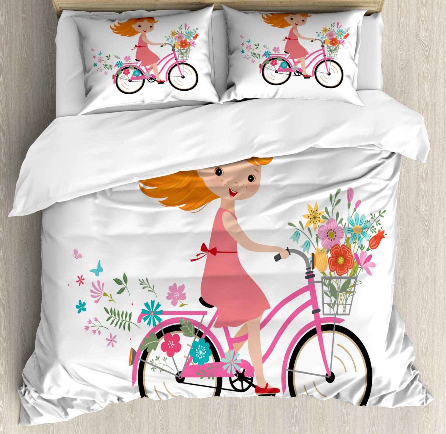 **Ambesonne Floral Duvet Cover Set - King Size 3-Piece Bedding with 2 Pillow Shams, Happy Girl Riding Bike with Flowers, Vibrant Multicolor Design - Perfect for Kids' Rooms, Nursery Decor & Cheerful Bedroom Themes**