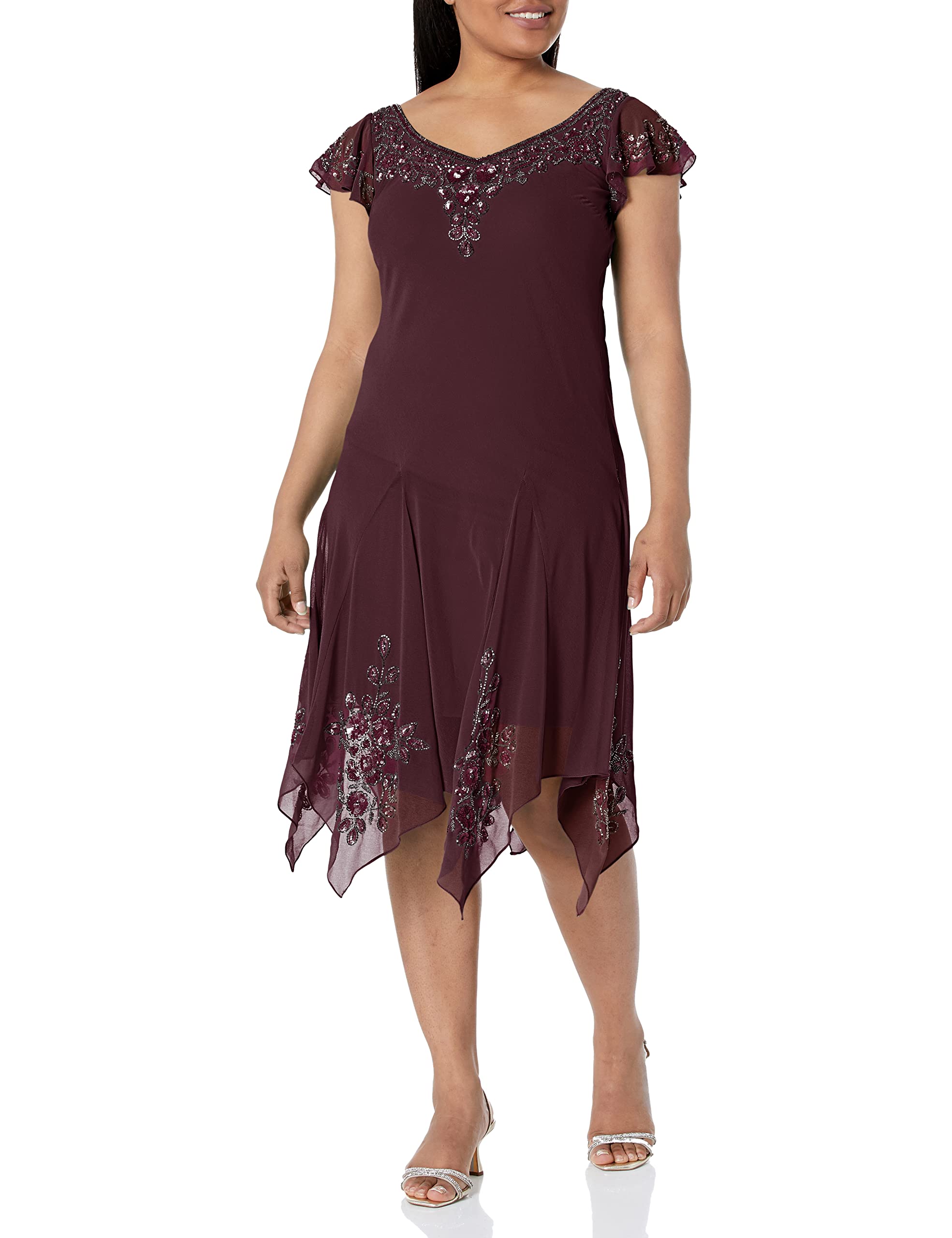 J Kara Women's Plus Size Petite Flutter Sleeve Hanky Hem Cocktail Dress with Beaded Details - Elegant Party Wear for Weddings, Evening Events & Special Occasions
