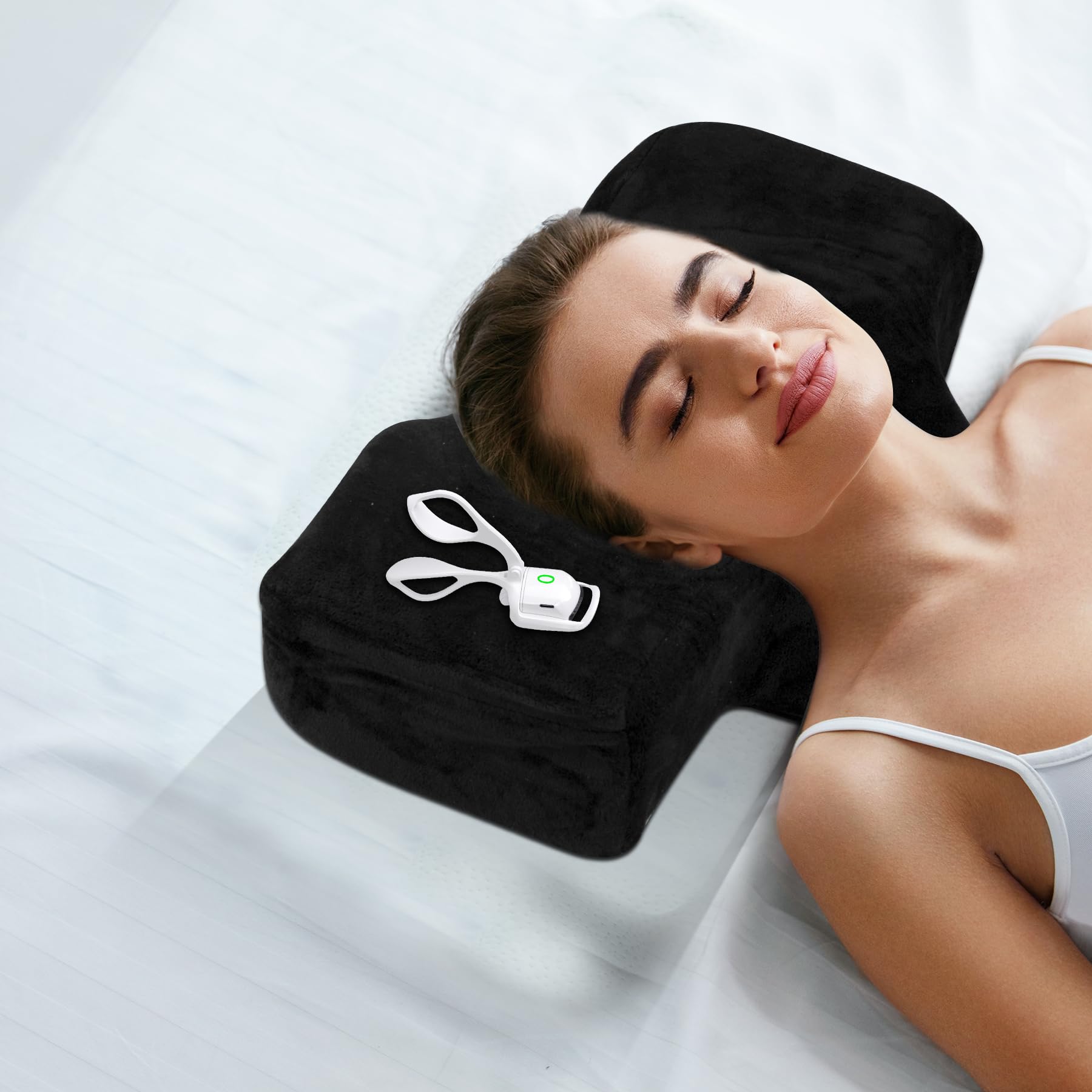 IMENE Memory Foam Lash Extension Pillow with Neck & Back Support - Ergonomic Lash Bed Pillow with Velvet Case & Organizer Pockets (Black) | Perfect for Salon Professionals & Home Lash Artists