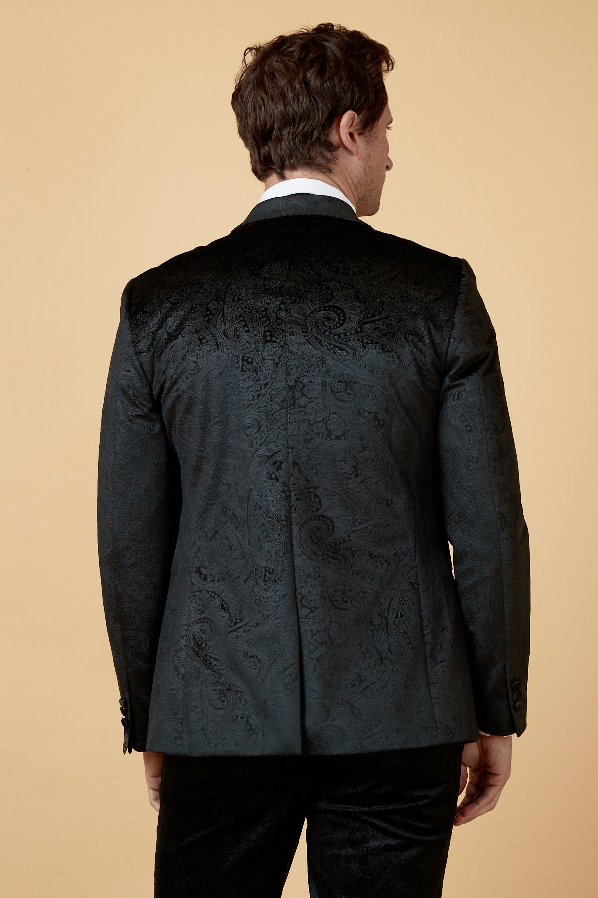 SIMON Black Velvet Tux Lapel Jacquard Blazer for Men | Formal Dinner Jacket | Wedding, Prom & Evening Wear