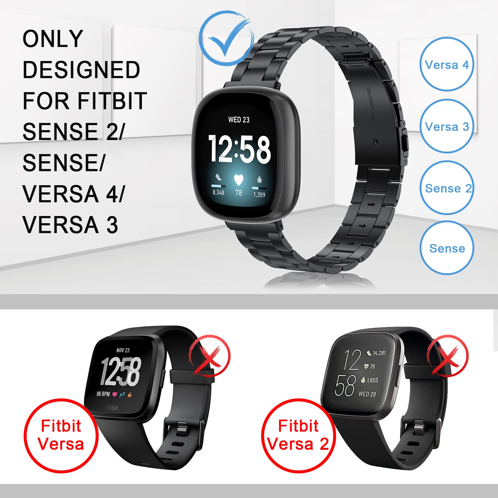 Wearlizer Compatible Fitbit Sense/Sense 2/Versa 3/Versa 4 Bands - Ultra Thin Lightweight Stainless Steel Metal Watch Band Strap for Women & Men (Black) | Perfect for Workouts, Office Wear & Everyday Fashion Accessory