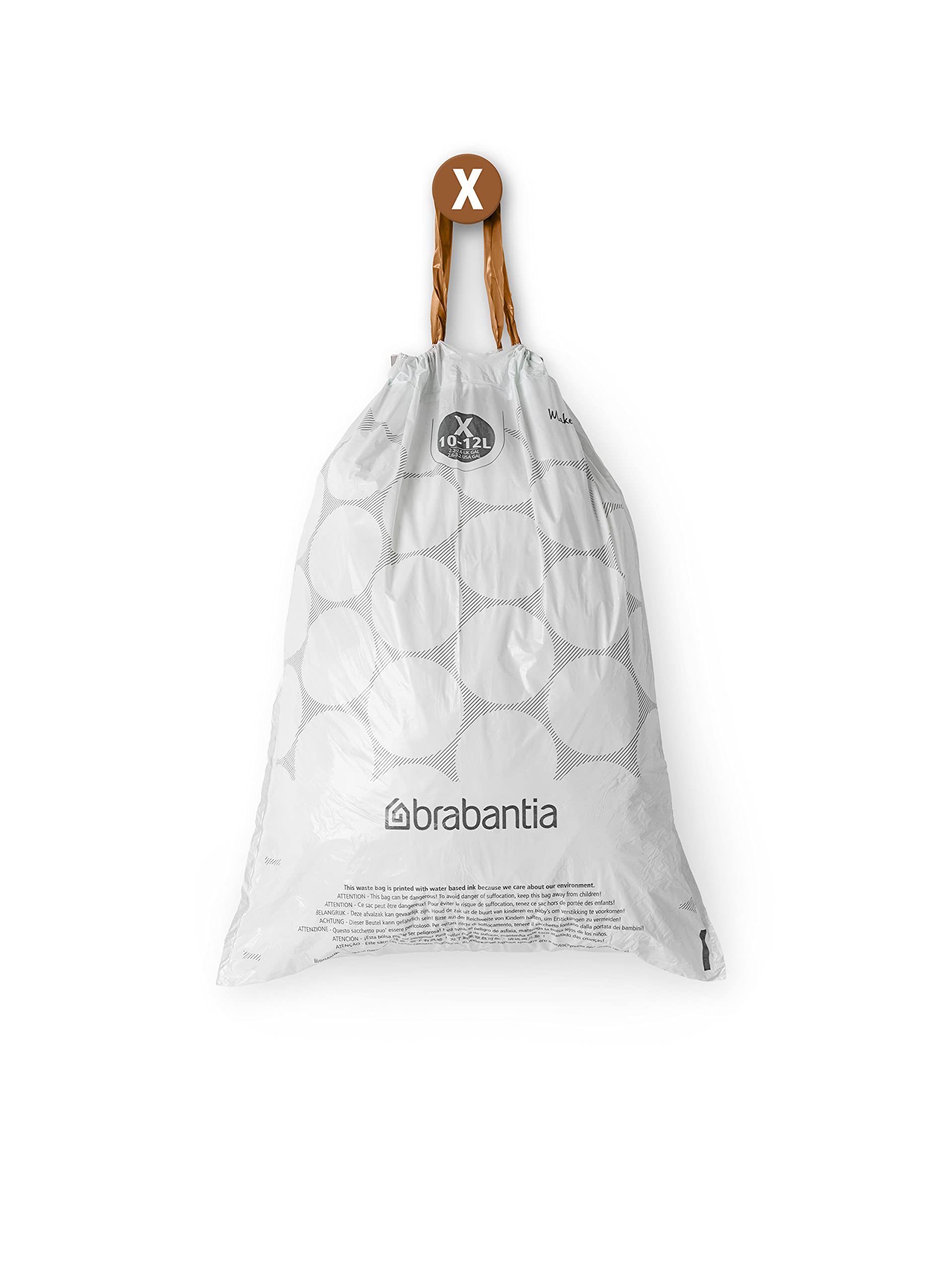 Brabantia PerfectFit Trash Bags - 200 Count Drawstring Kitchen Trash Can Liners (2.6-3.2 Gallon) - Thick Plastic Garbage Bags for Home, Office & Bathroom Waste Disposal