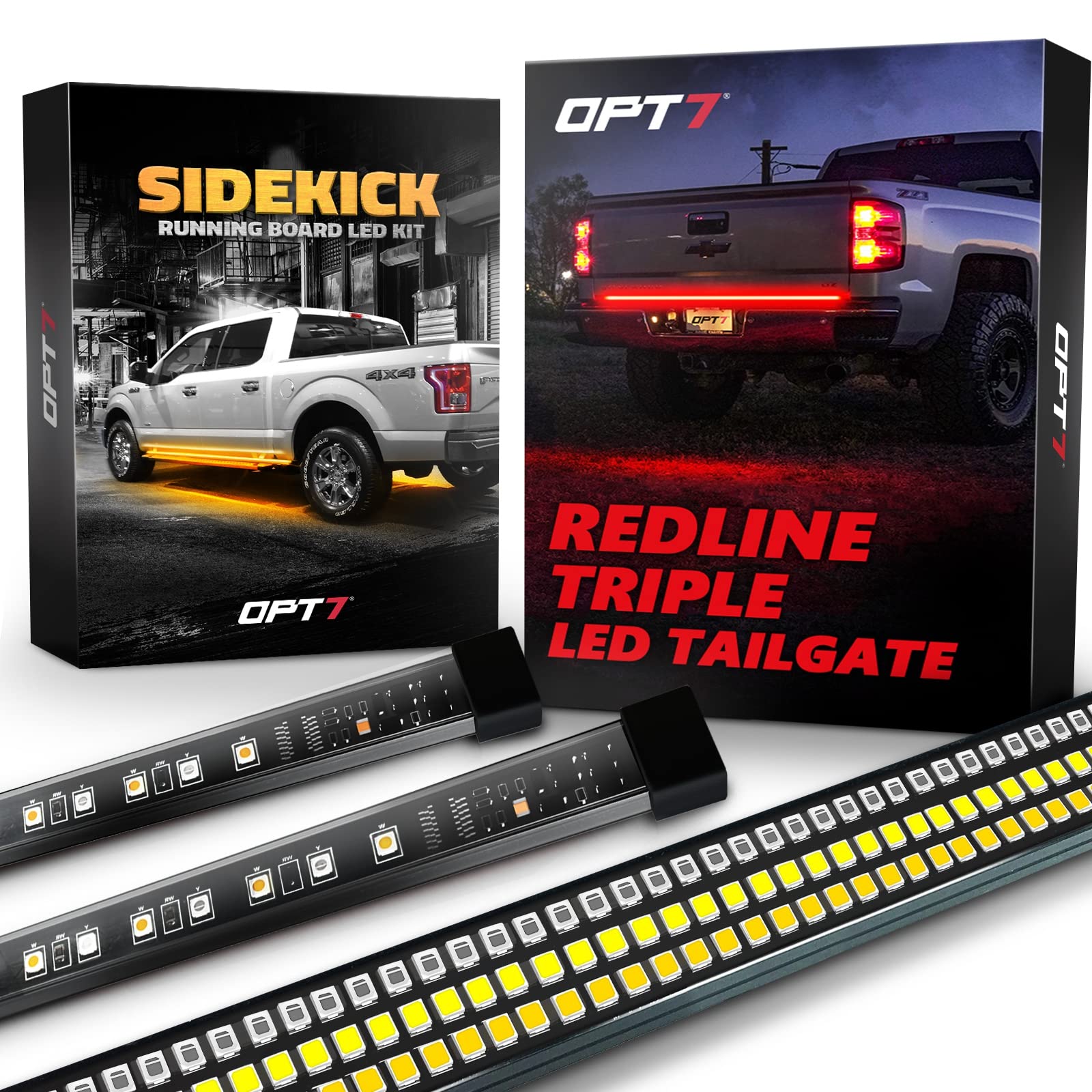 OPT7 60-Inch Triple LED Tailgate Light Bar with Amber Turn Signals & 60-Inch Running Board Lights with Sequential Amber Turn Signals - Enhanced Visibility for Trucks, SUVs, and Off-Road Vehicles