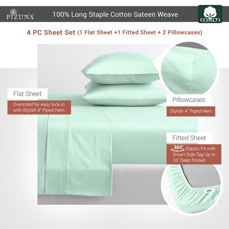Pizuna Pure 100% Cotton California King Sheets - 400 Thread Count Luxury Sateen Bedding Set with 15