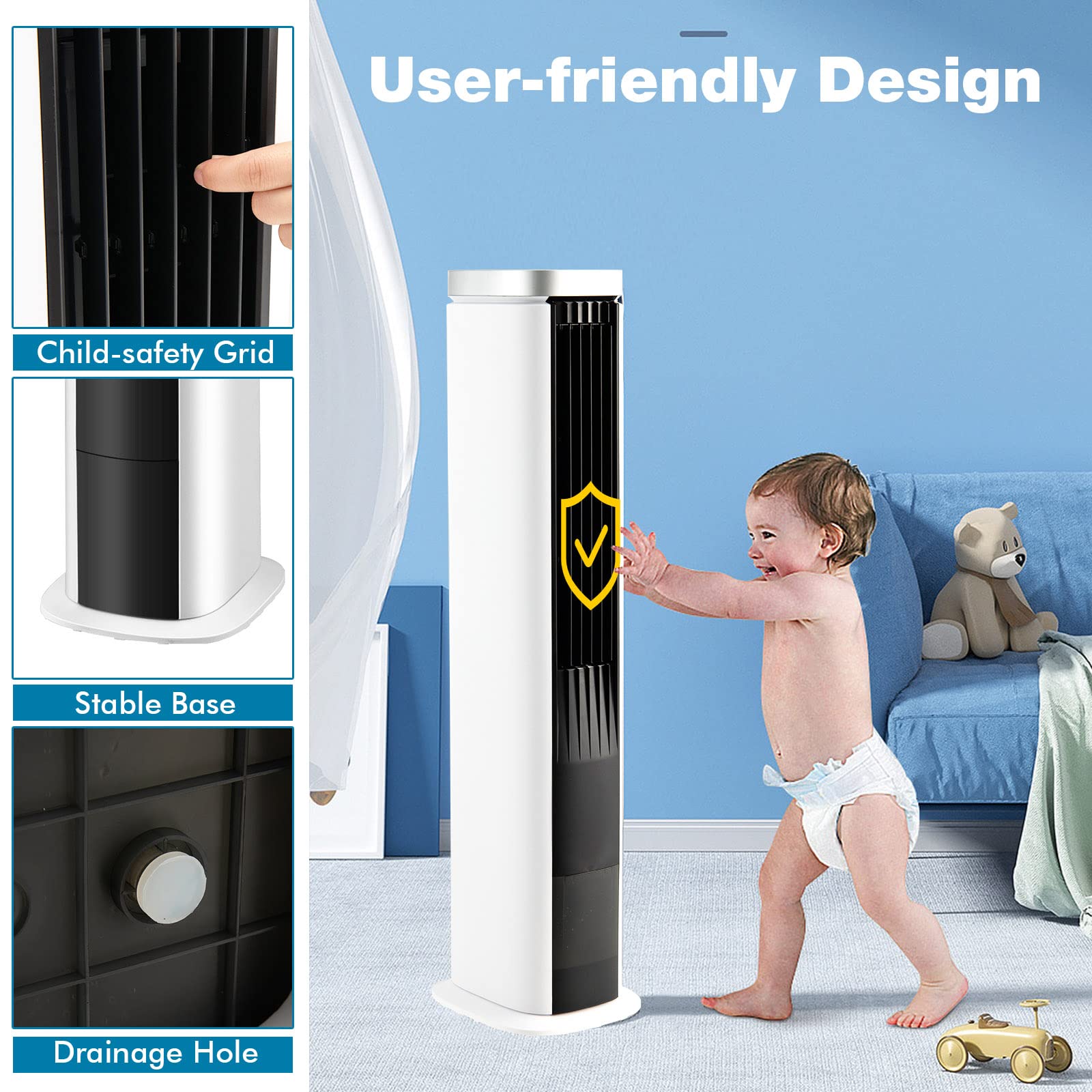 DORTALA Portable Evaporative Air Cooler - 3-in-1 Cooling Tower Fan with Remote Control, 4 Speed Settings, 7H Timer, 4 Ice Packs & 60° Oscillation - Bladeless Swamp Cooler for Home, Office, Bedroom, Dorm - Perfect for Summer Cooling & Indoor Comfort