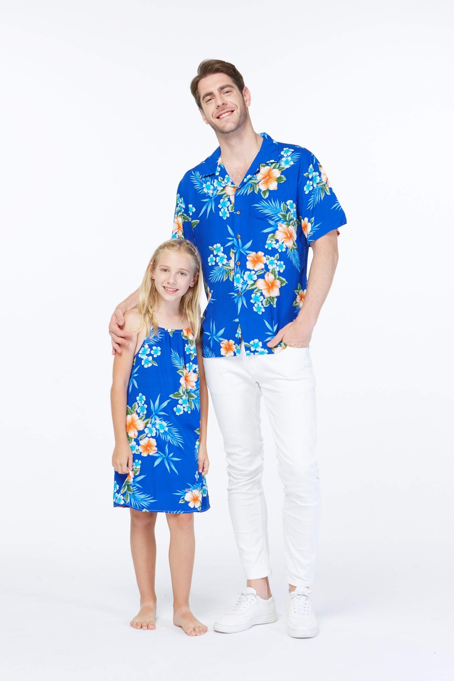 **Hawaiian Luau Shirt & Dress Set for Father and Daughter – Matching Round Neck Aloha Outfits for Beach Parties, Family Vacations, and Summer Events**
