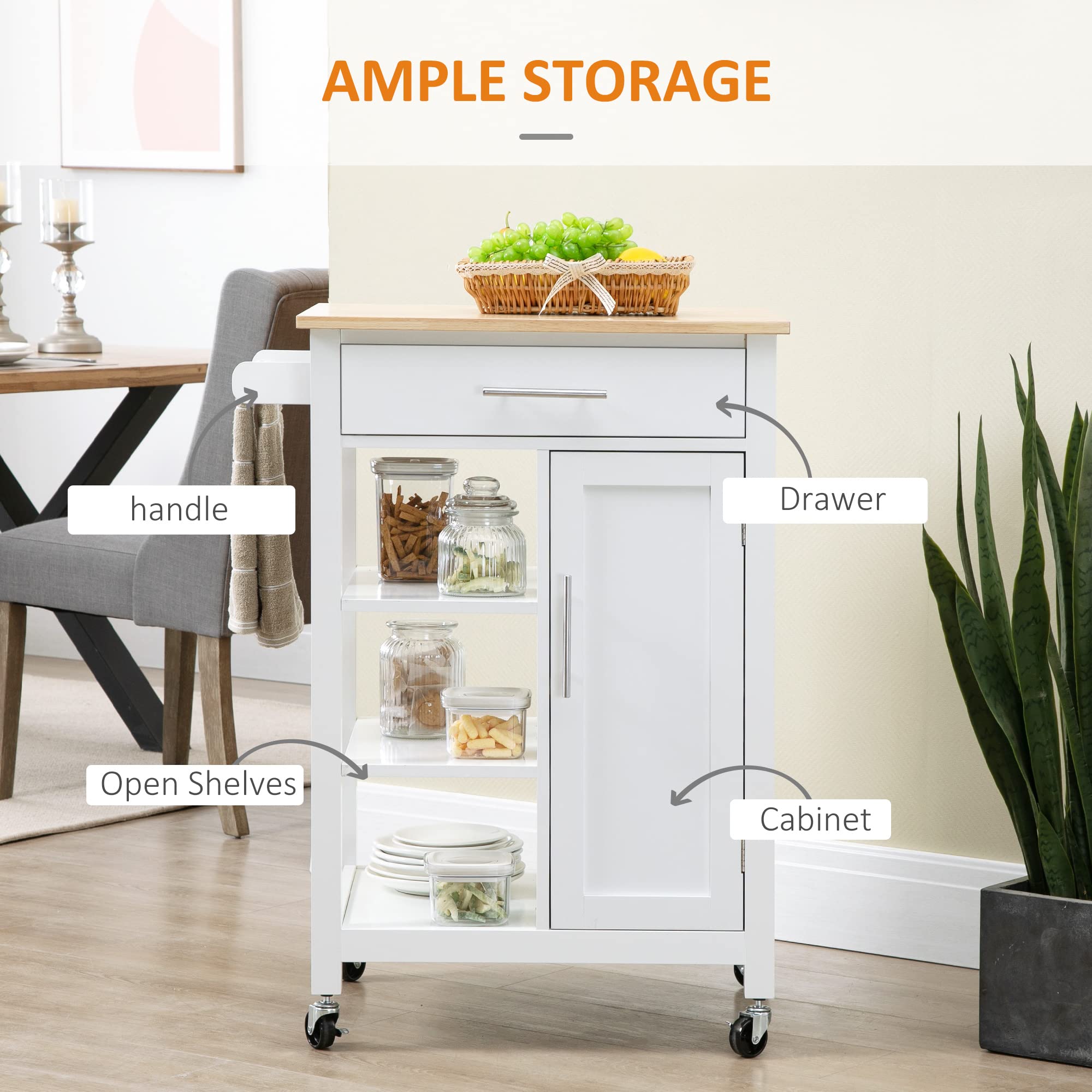 HOMCOM White Kitchen Island Cart with Solid Wood Top, Storage Shelf & Drawer - Mobile Kitchen Organizer for Dining Room, Small Space & Apartment Cooking