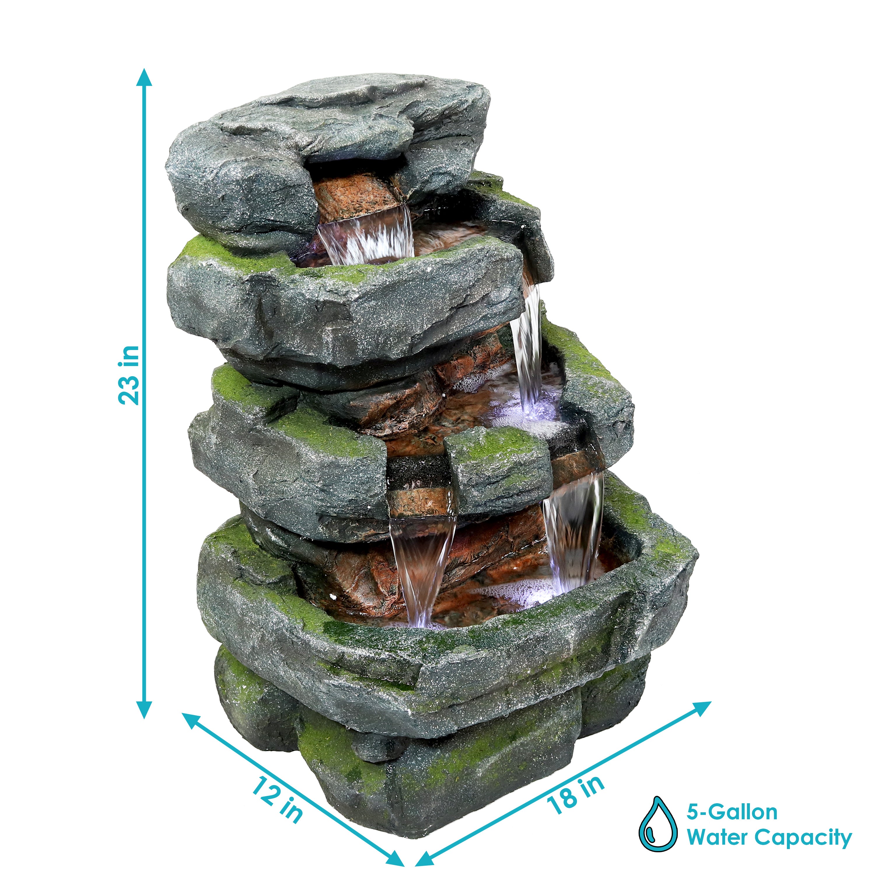 Sunnydaze Outdoor Electric 3-Tier Stone Waterfall Fountain with LED Lights - 23 Inch Height - Perfect for Garden, Patio, and Backyard Decor