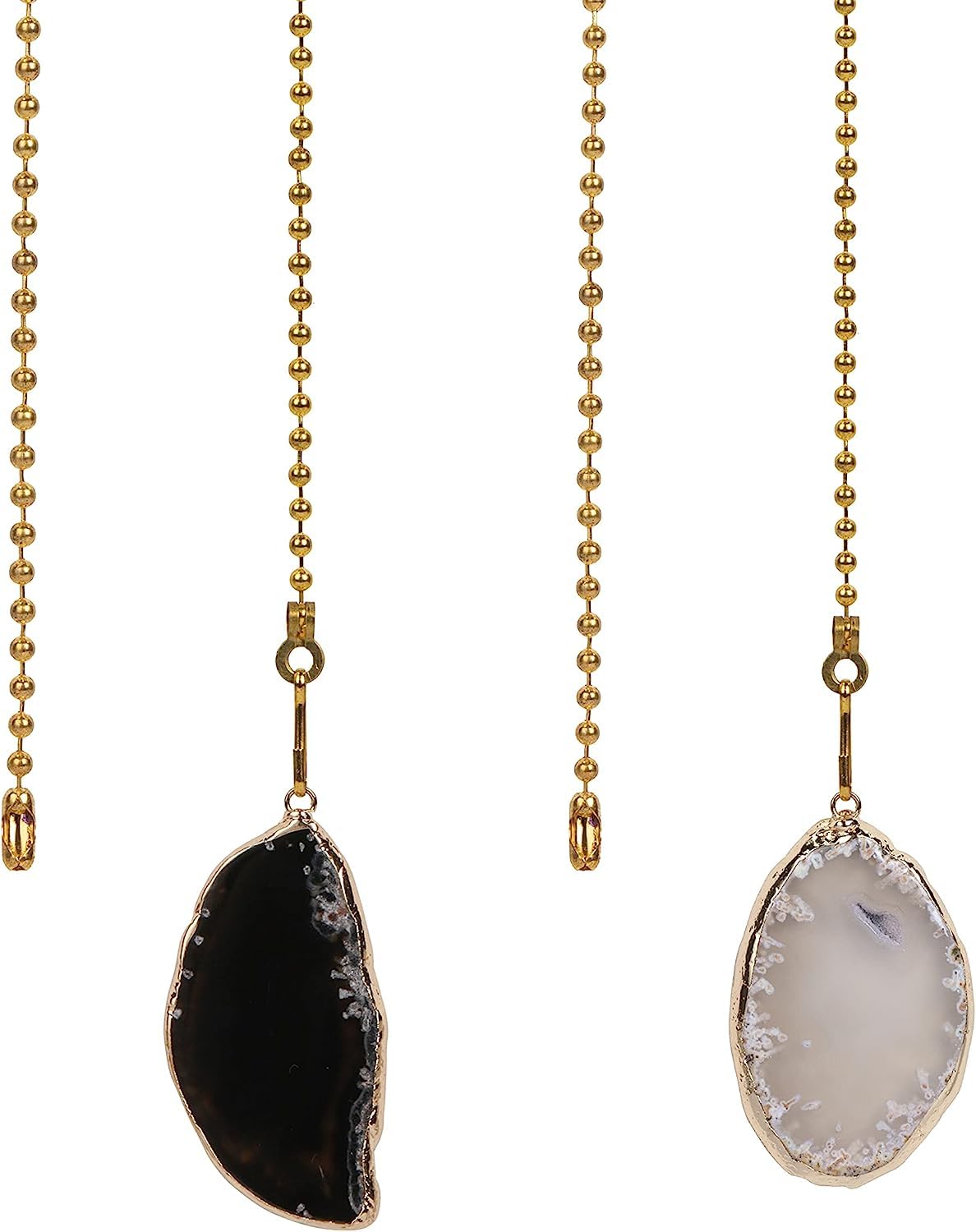 2 Pcs Natural Agate Ceiling Fan Pull Chains with Gilt Edges - 12 Inch Decorative Fan Pulls Set with Connector (Grey & Black) for Home, Bedroom and Living Room Ceiling Fan Upgrade