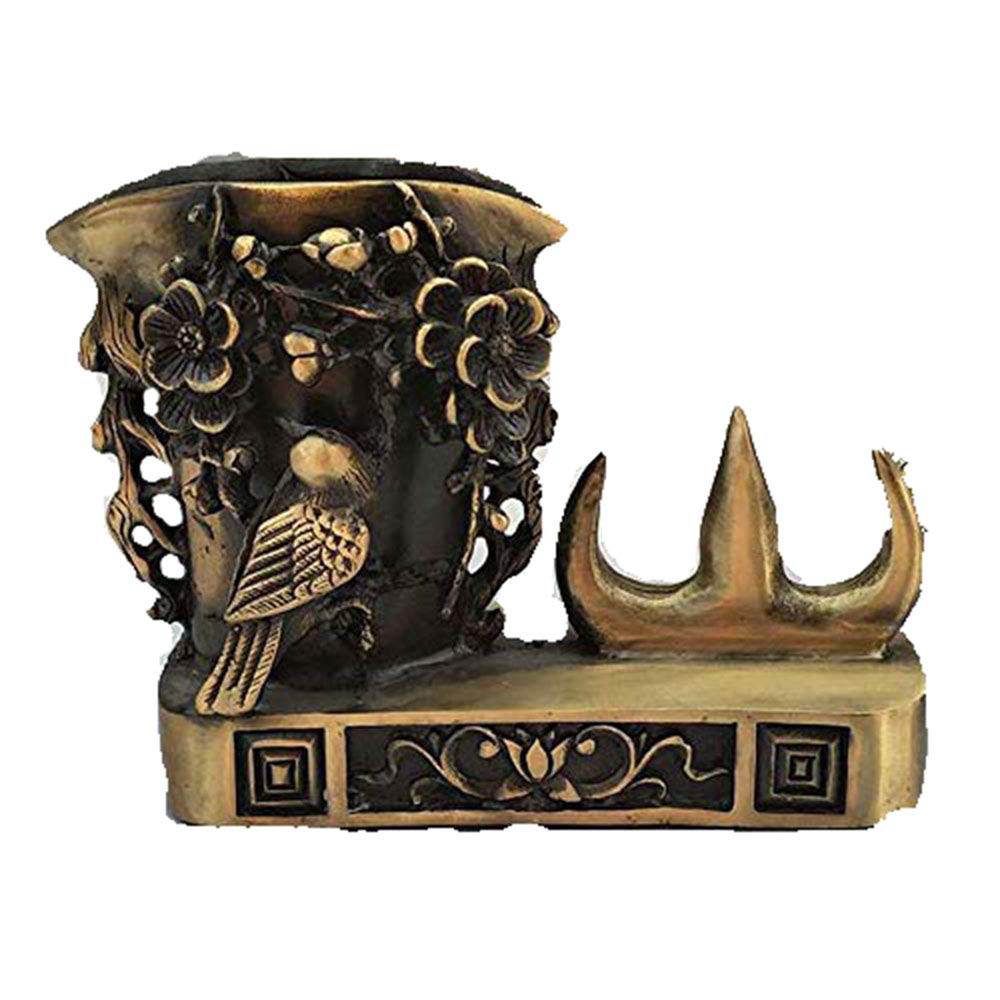 Vintage Brass Pen Holder - Antique Magpie & Plum Blossom Design, Office Desk Organizer for Writers & Calligraphy Enthusiasts | Perfect Gift for Home Office, Study Room & Scholar's Desk Decor