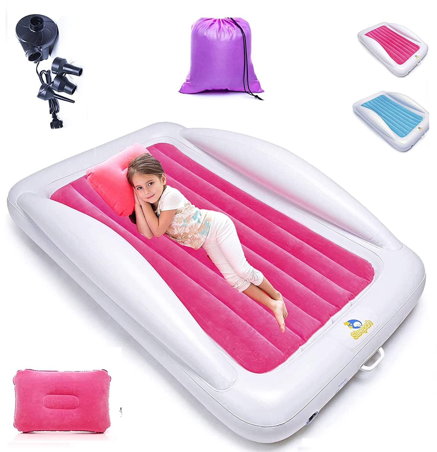 **Sleepah Inflatable Toddler Travel Bed – Portable Air Mattress for Kids with Safety Rails – Includes Pump, Storage Case & Pillow (Pink) – Perfect for Camping, Sleepovers & Travel**