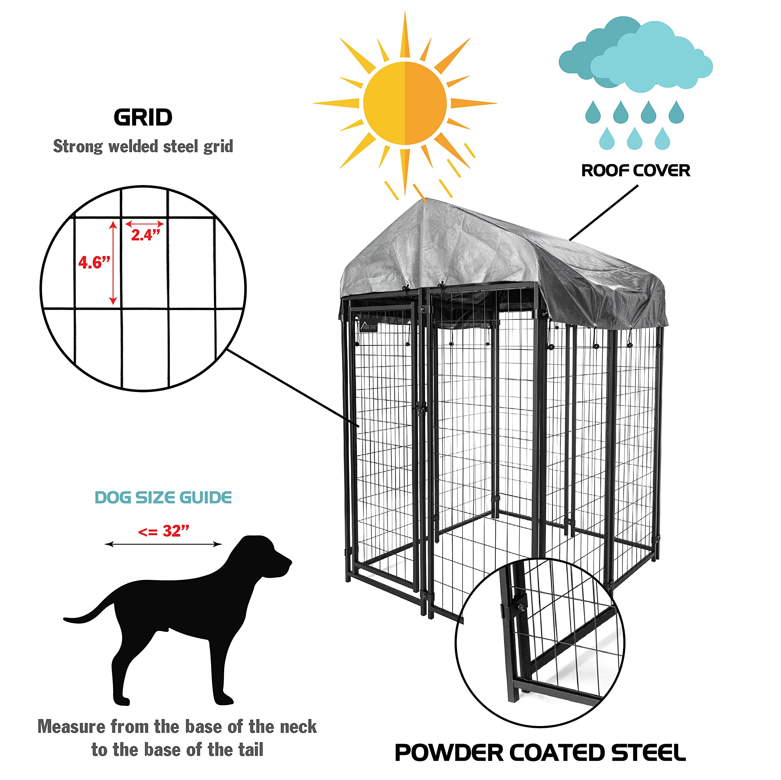 Olympia Tools 4x4x6 Outdoor Dog Kennel with UV Protection Waterproof Cover - Welded Wire Pet Cage for Small Dogs - Durable Yard Fence & Patio Crate (Black, 90-542) - Perfect for Backyard, Garden & Travel Use