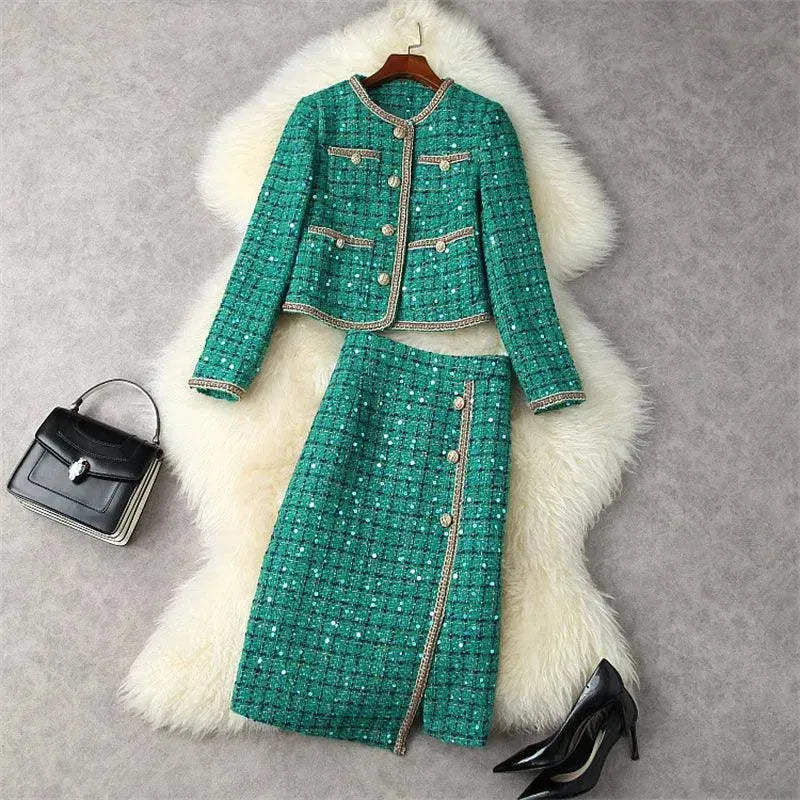 Elegant Checked Sequined Tweed Skirt Suit Set for Women - Vintage Inspired Office Wear & Party Outfit - Perfect for Business Meetings, Cocktail Parties & Special Occasions