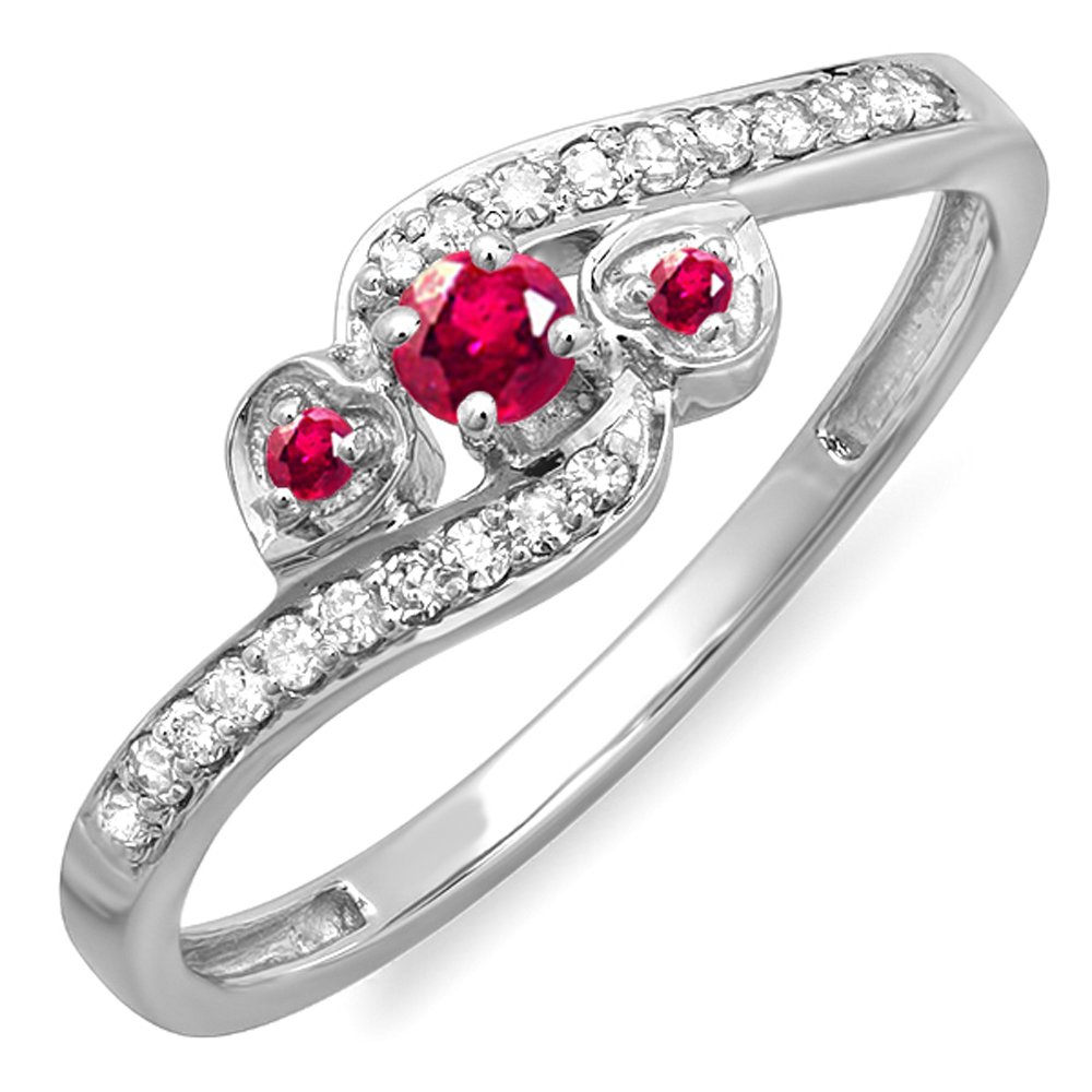 Dazzlingrock 10K White Gold Round Ruby & White Diamond 3 Stone Swirl Engagement Ring for Women - Perfect for Bridal, Promise Rings & Heart-Shaped Wedding Jewelry Gifts