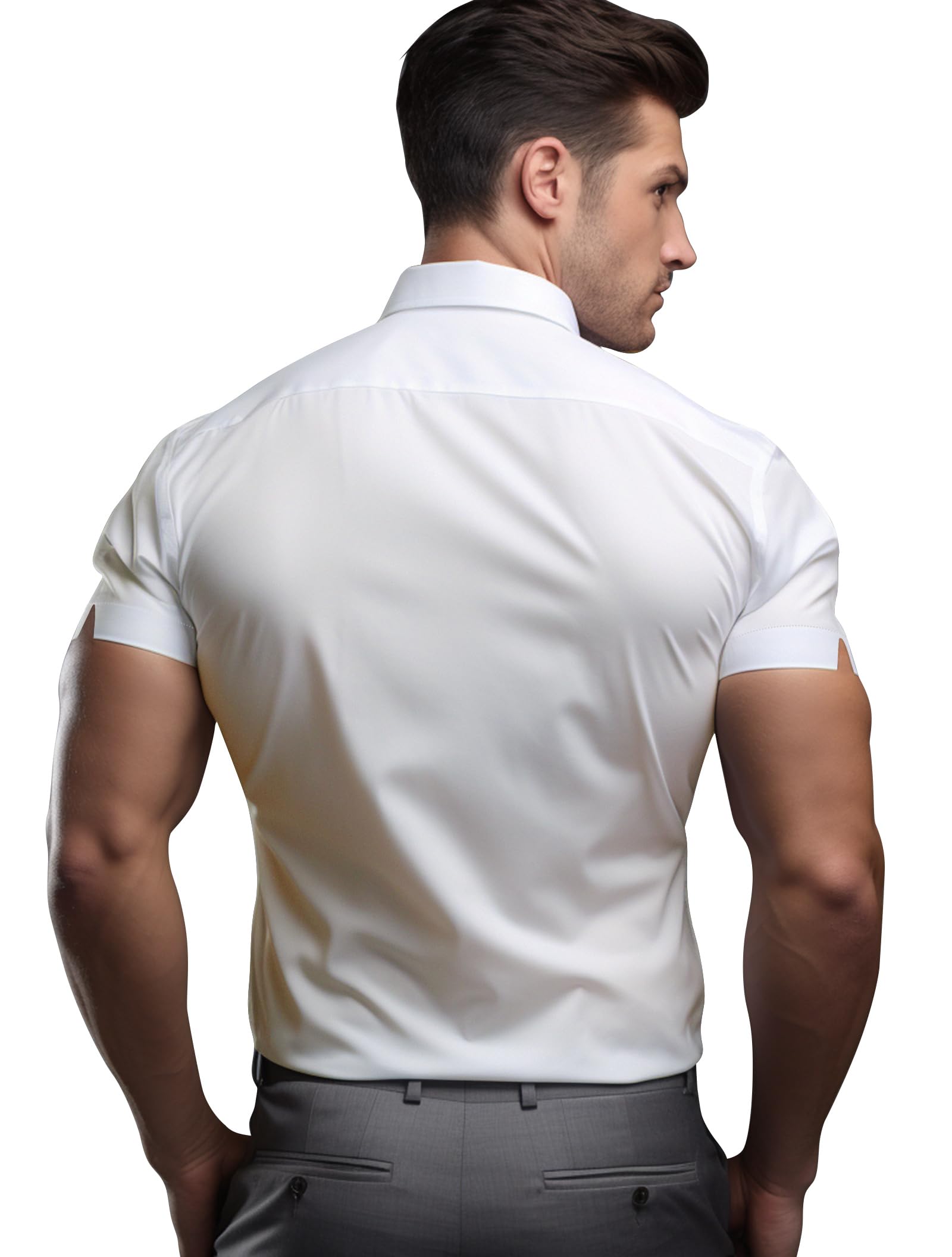 Men's Athletic Slim Fit Stretch Dress Shirts - Short Sleeve Solid Business Casual Button Down Shirt for Gym to Office Wear