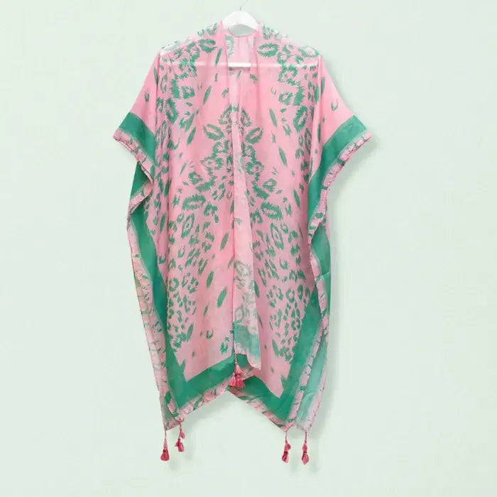 Stylish Pink & Green Leopard Print Kimono Poncho with Tassels - Women's Fashion Cover Up for Beach, Festival & Boho Outfits