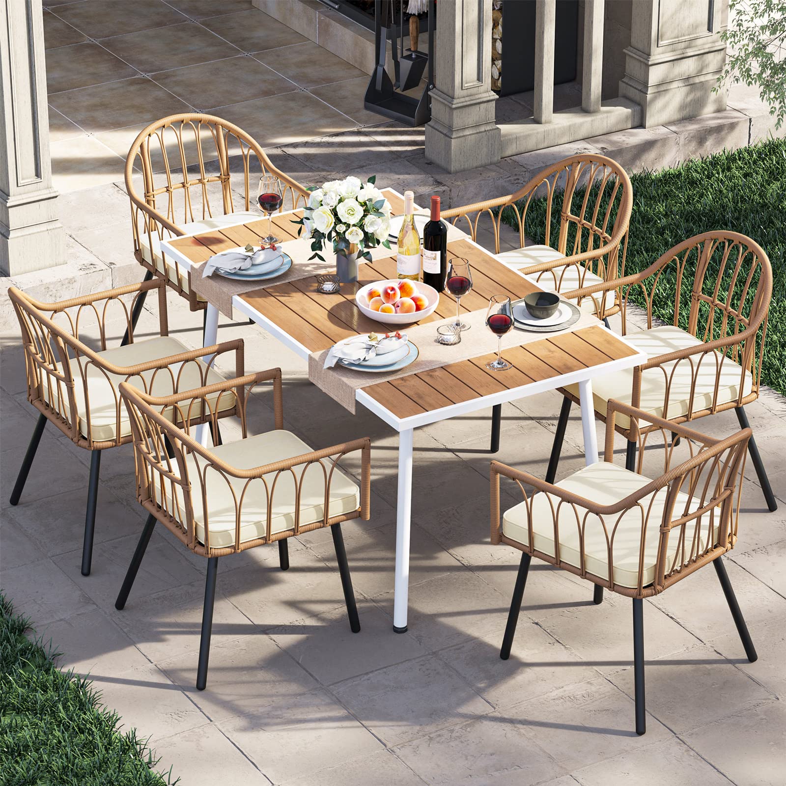 YITAHOME 8-Piece Outdoor Patio Dining Set - Rattan Wicker Chairs, Backless Bench & Table with Umbrella Hole - Perfect for Garden, Backyard, Balcony, Lawn & Outdoor Entertaining