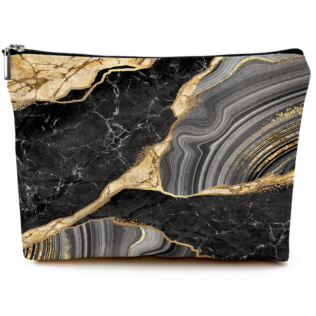 Waterproof Canvas Makeup Bag for Women - Cute Funny Cosmetic Travel Pouch with Zipper, Black Marble Design | Perfect for Purse, Toiletry & Travel Essentials