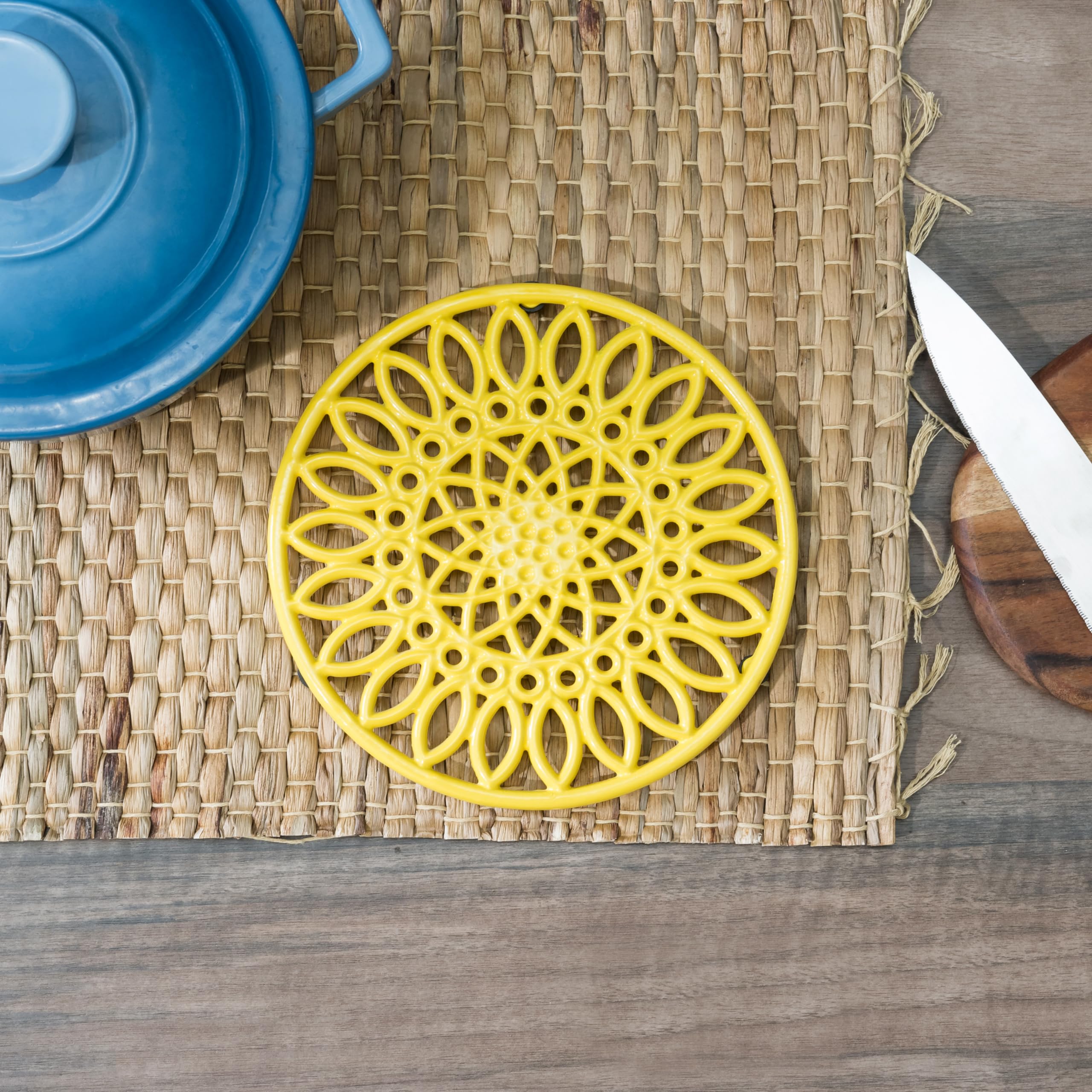 Heavy Duty Cast Iron Sunflower Trivet - Heat Resistant Kitchen Hot Pad for Pots & Pans - Yellow Single Piece (Perfect for Dining Table Decor & Hot Dish Protection)