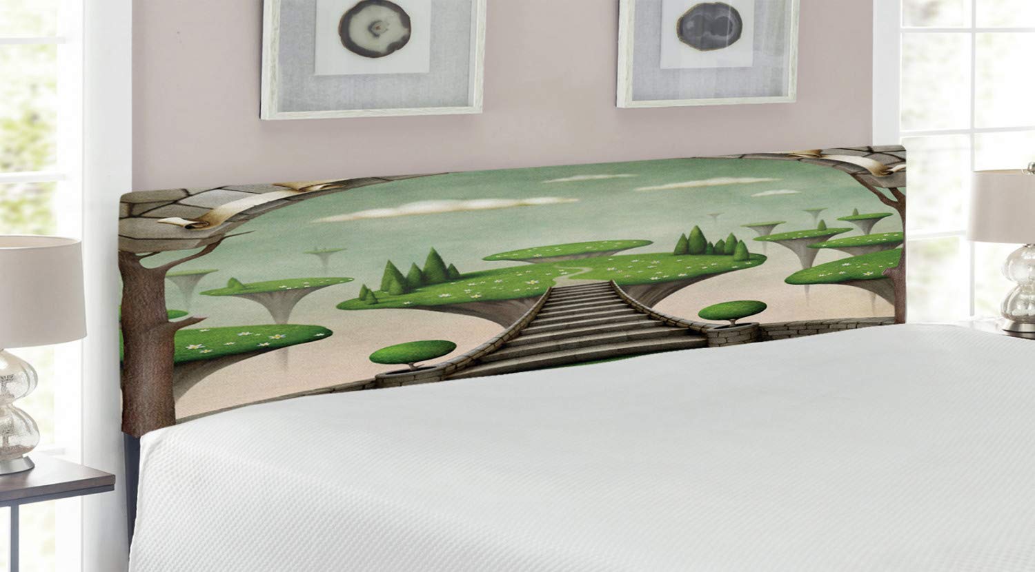 Ambesonne Fantasy Upholstered Headboard - King Size Landscape Design with Hanging Islands & Lily Pond, Decorative Metal Bed Frame with Memory Foam in Umber Green Turquoise - Perfect for Bedroom Decor & Cozy Reading Nook
