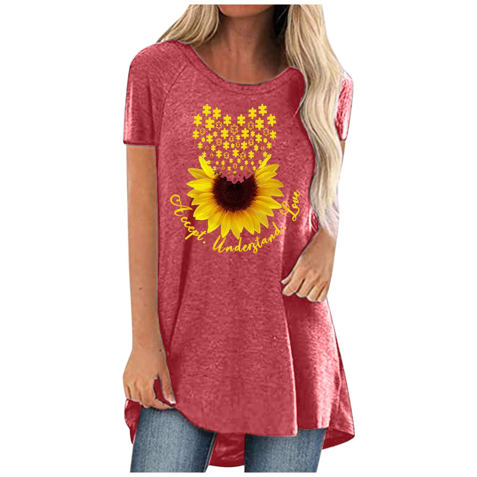 Autism Awareness T-Shirt for Women - Sunflower Graphic Tee with Inspirational 'Accept Understand Love' Message - Flowy Tunic Top Perfect for Leggings | Casual Wear, Supportive Apparel & Autism Awareness Events