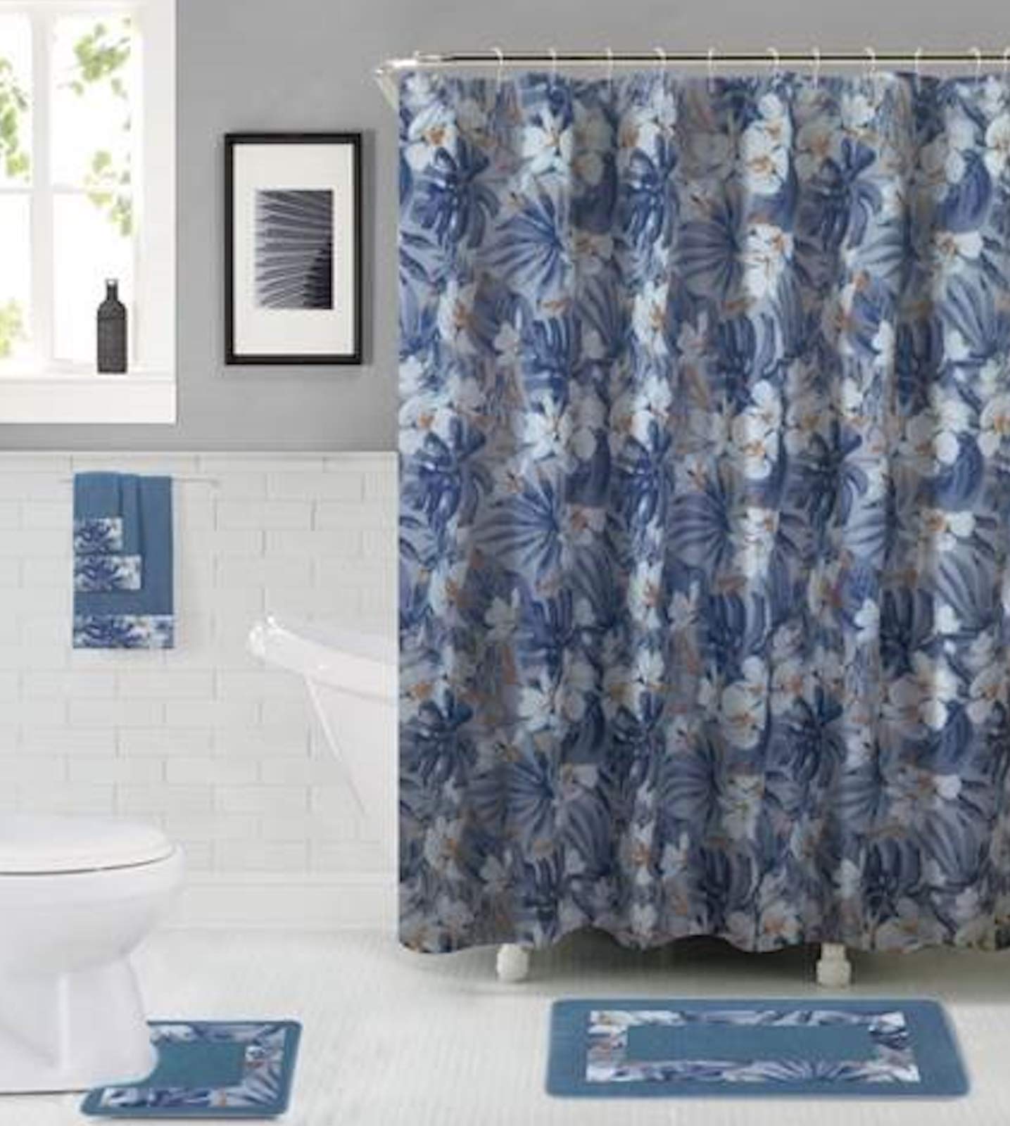 Premium 15-Piece Bathroom Set - Non-Slip Bath Rugs & Waterproof Shower Curtain with Hooks - Includes Free 3-Piece Towel Set (Blue & White) - Modern Bathroom Decor for Home, Guest Suite & Spa - Perfect for Daily Use, Hotel Renovation & Relaxing Bath Time