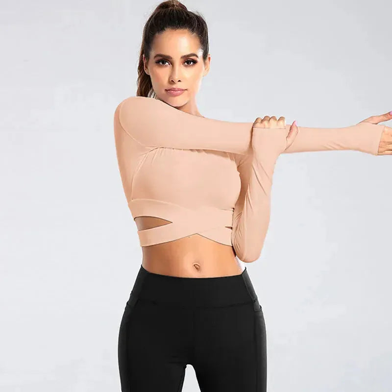 AIITHUUG Midriff Long Sleeve Yoga Top - Women's Slim Fit Criss Cross Waist Workout Shirt for Gym, Running & Fitness | Breathable Sports Crop Top for Yoga, Pilates & Active Lifestyle