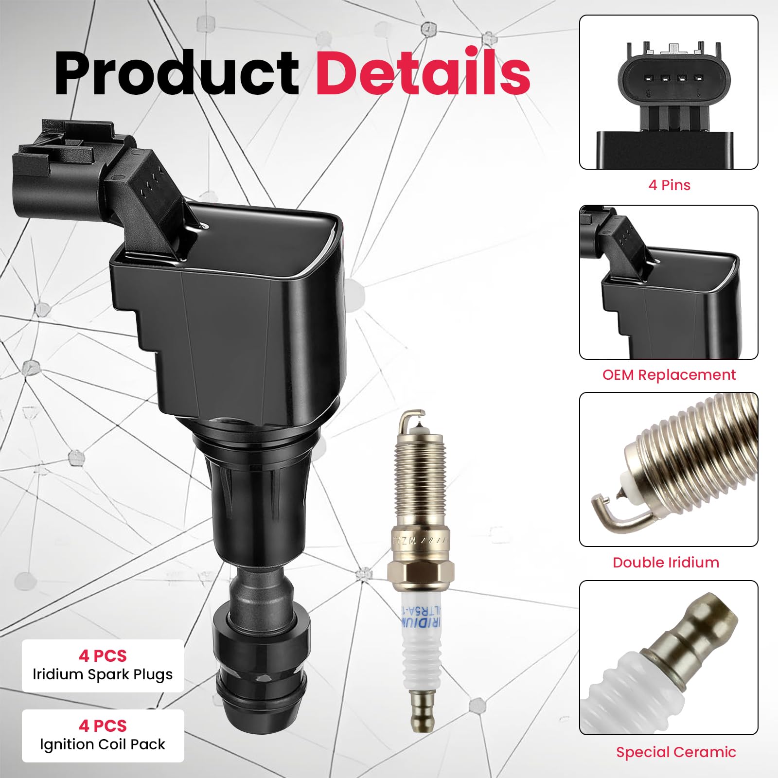 High-Performance UF491 Double Iridium Spark Plugs & Ignition Coil Pack Set of 4 - Compatible with Buick, Chevy Cobalt, Equinox, Malibu, Orlando HHR, GMC Terrain, Pontiac G5/G6, Saturn - Replaces D522C, 12638824, C1552 - Perfect for Engine Tune-Ups & Performance Upgrades