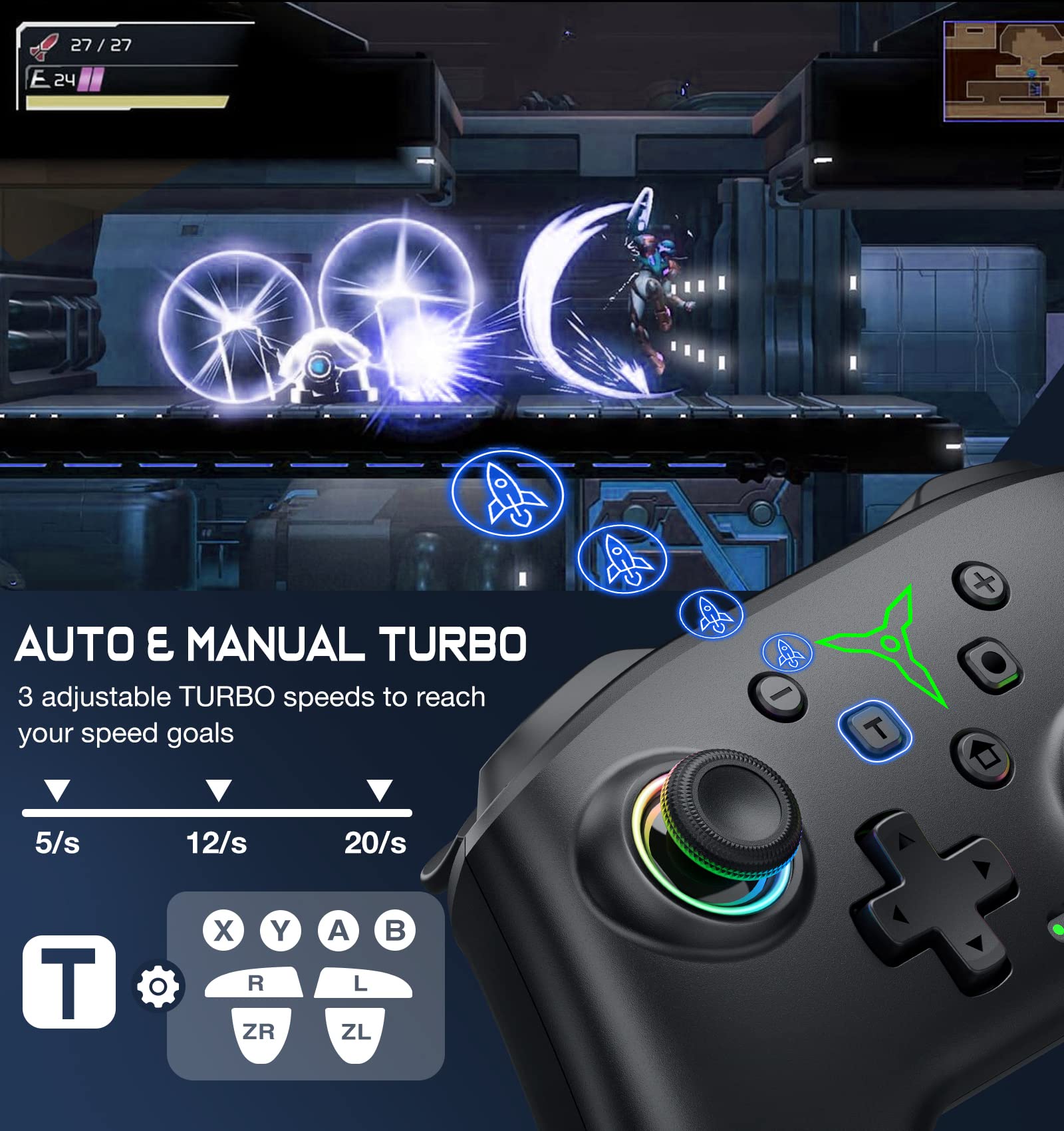 Wireless Switch Controller Compatible with Nintendo Switch, Switch Lite & OLED - RGB Lighting, Programmable, Turbo & Wake-Up Function for iOS, Android & PC - Perfect for Gaming, Streaming & Multiplayer Sessions