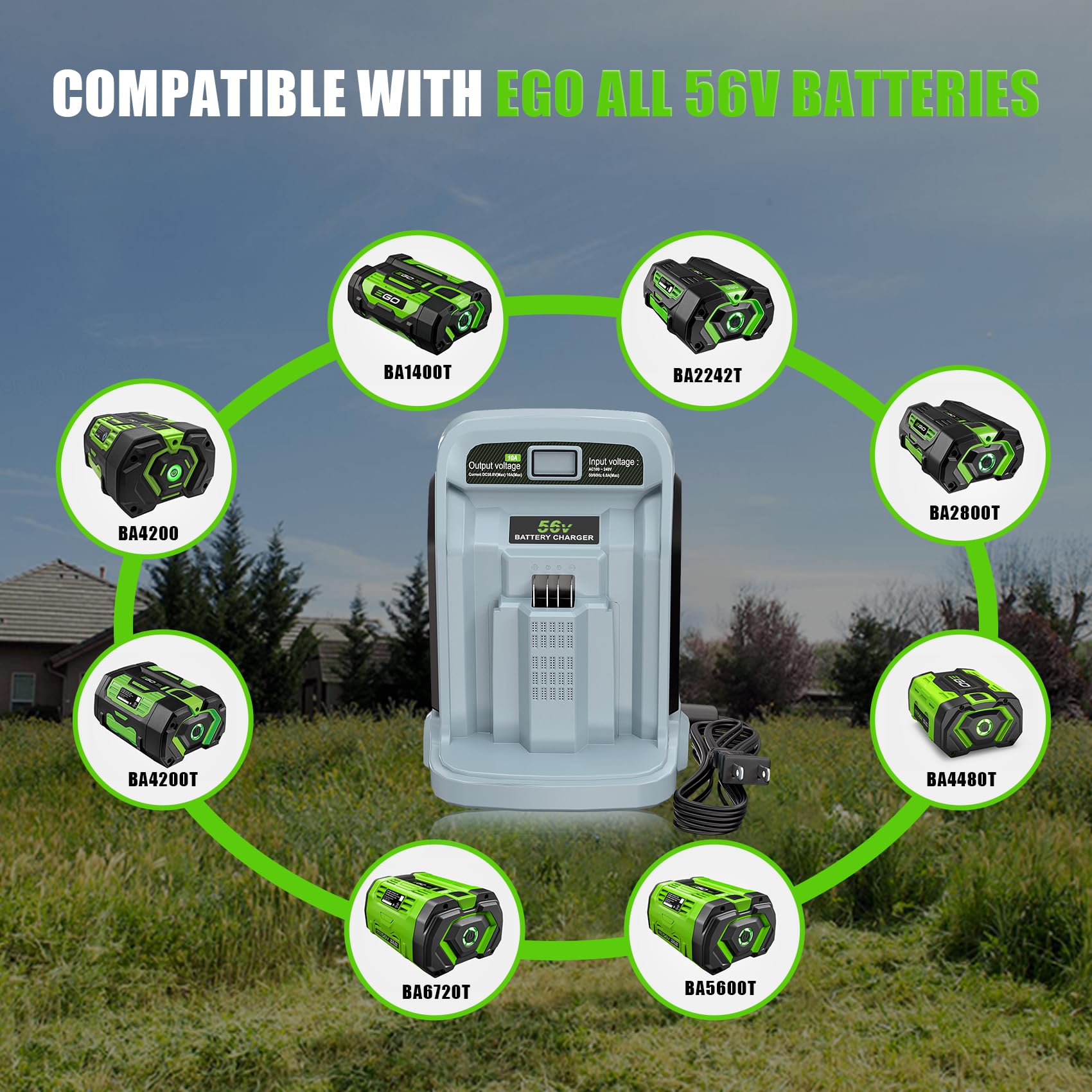 10A Fast Charger Replacement for EGO CH5500 56V Battery Charger - Compatible with EGO 56V Power+ Lithium-ion Batteries BA2800/BA4200/BA1400/BA2240/BA1120/BA4480T - Perfect for Lawn Mowers, Leaf Blowers & Outdoor Power Tools