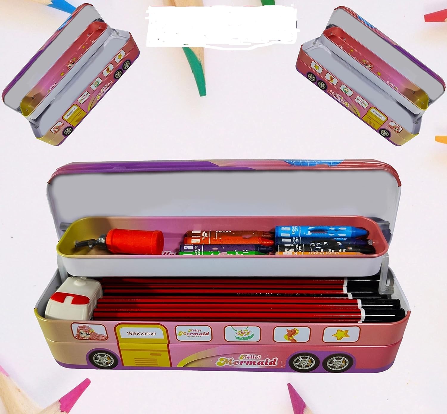 Prayosha Enterprise Metal String Operated Wheel Bus-Shaped Pencil Case - Colorful Geometry School Supply Box with Pull & Move Function (Hello Mermaid Design) for Students, Backpack Organization & Unique Gift Ideas