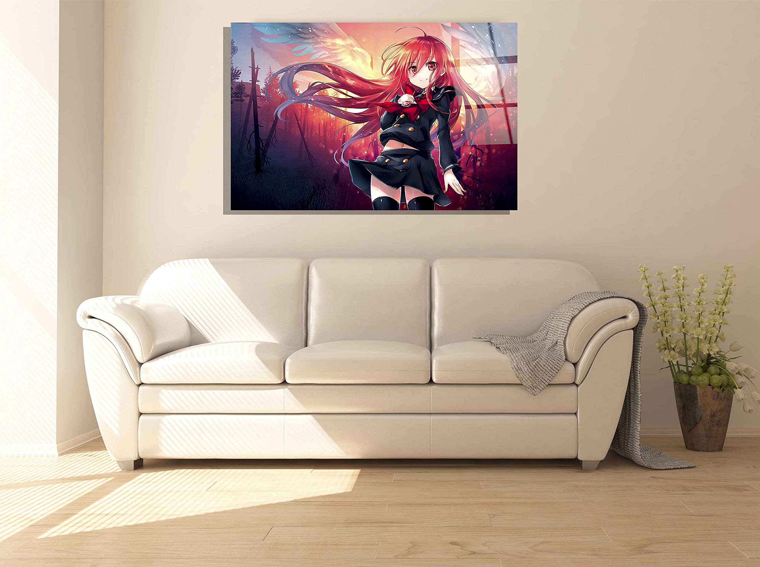 Japanese Anime Girl in School Uniform with Wings - Stained Glass Wall Art for Home & Bedroom Decor - Perfect Otaku Gift for Anime Lovers - Ideal for Living Room, Game Room, and Anime Themed Spaces