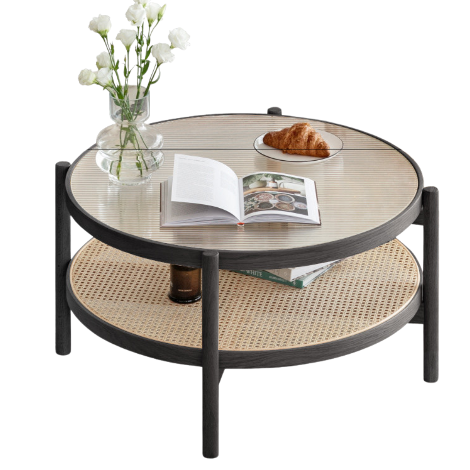 Solid Oak Wood Rattan Black Glass Round Coffee Table - Modern Living Room Centerpiece for Home Decor