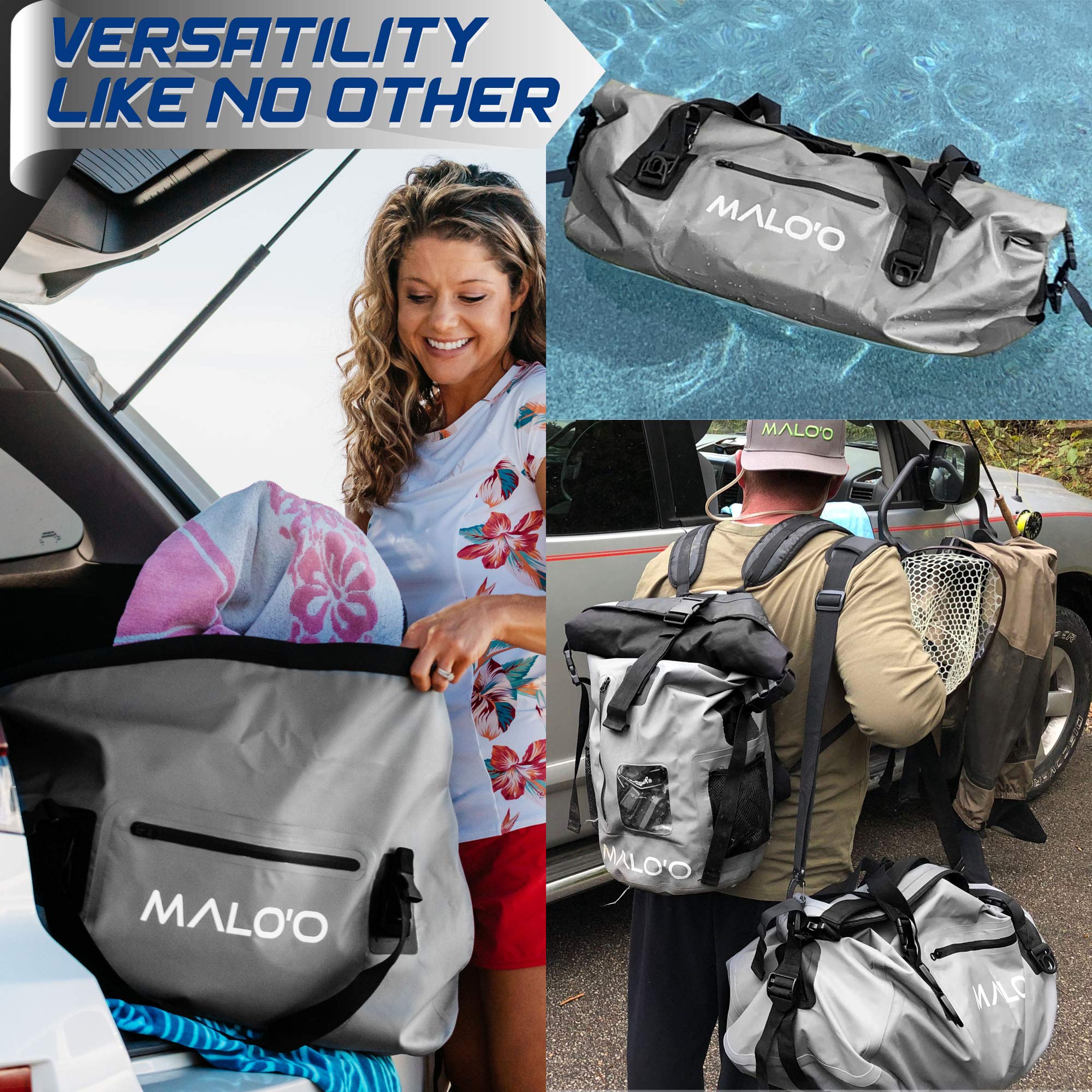 **Malo'o Waterproof Dry Bag Duffel 40L/60L/100L - Roll Top Duffle Bag for Kayaking, Rafting, Boating, Swimming, Camping, Hiking, Beach & Fishing - Internal & External Pockets with MOLLE Loops - Keep Gear Dry for Outdoor Adventures**