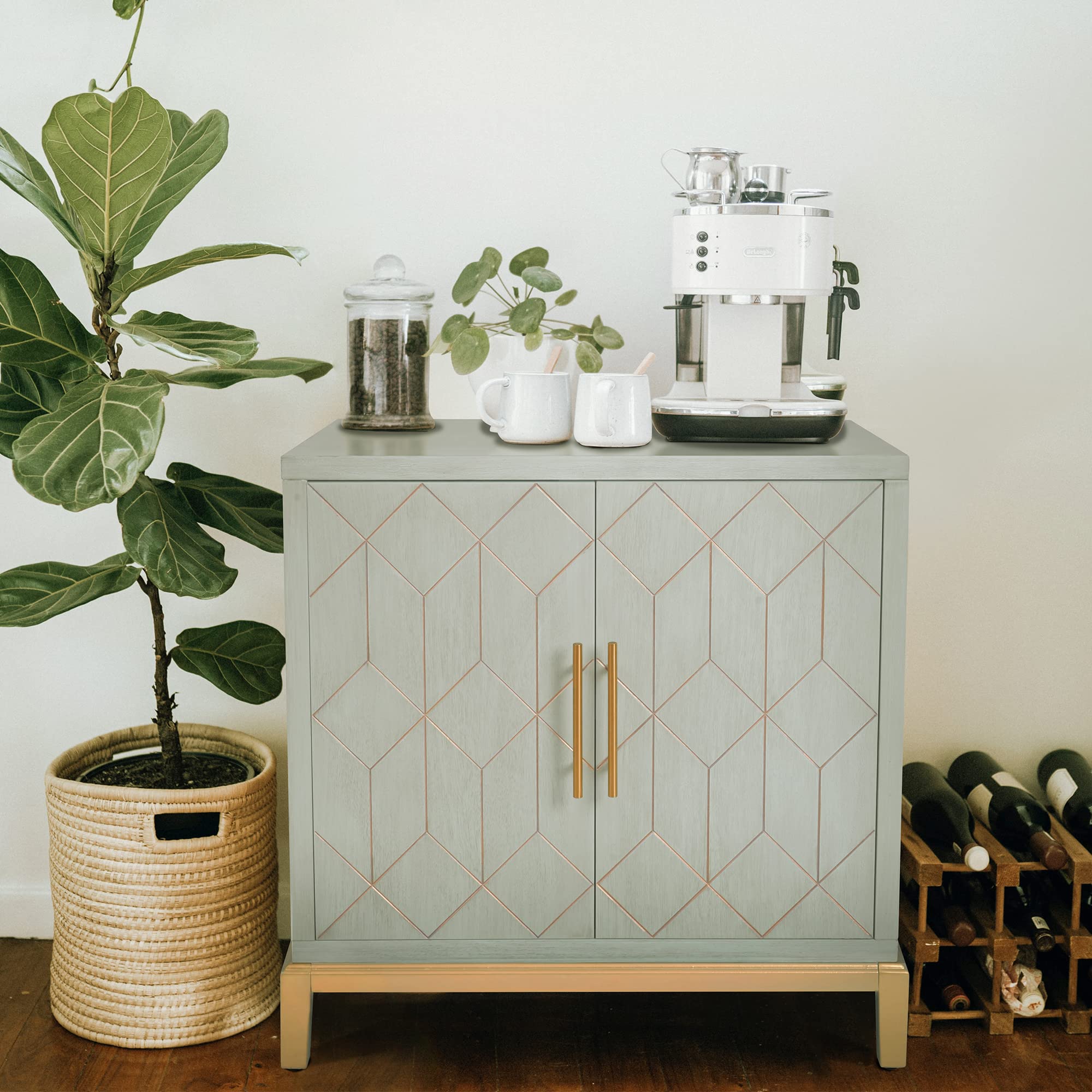 HLR Green Accent Cabinet with Gold Trim - 2 Door Modern Wooden Storage Sideboard for Living Room, Kitchen, Office & Hallway | Perfect for Home Decor, Small Space Organization & Stylish Storage Solutions