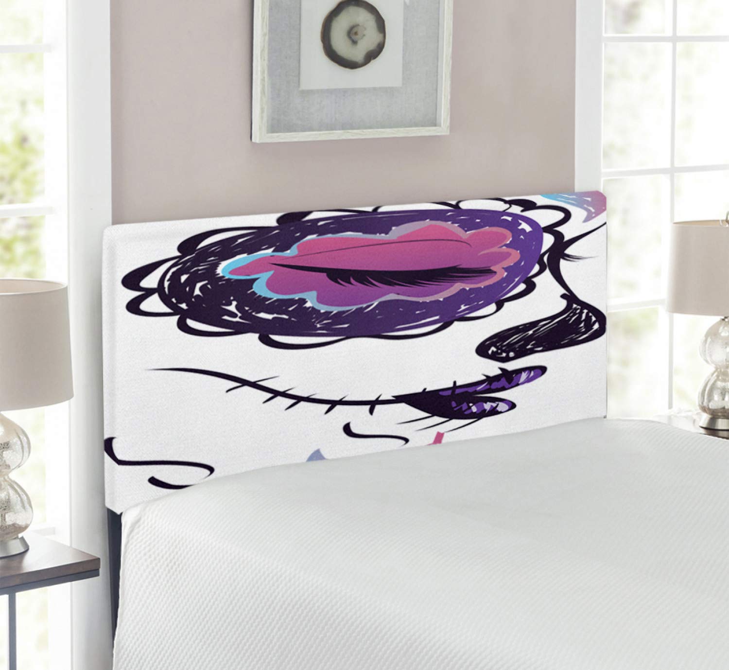 Ambesonne Day of The Dead Headboard - Sugar Skull Girl Face Hand-Painted Mexican Art Upholstered Metal Bed Headboard with Memory Foam, Twin Size, Pale Orange Plum Seafoam - Perfect for Gothic & Bohemian Bedroom Decor
