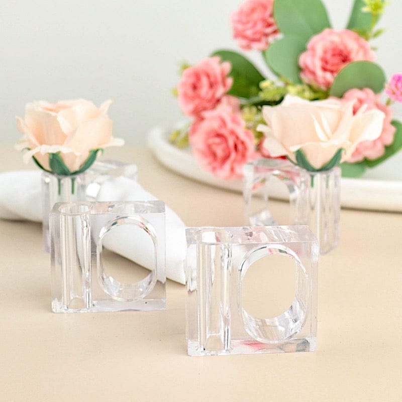 4 Pack Clear Acrylic Napkin Rings with Mini Flower Holders - Elegant Table Decor for Weddings, Parties & Holiday Dining