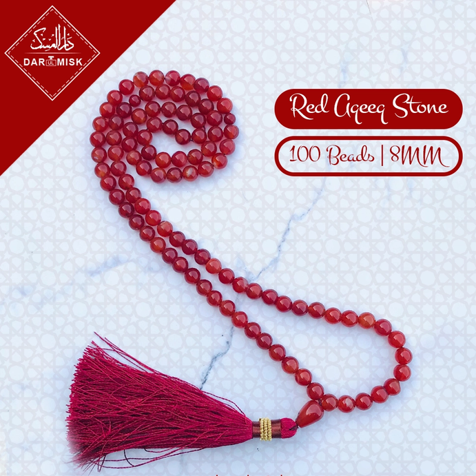 Premium Red Aqeeq Stone Tasbih Prayer Beads - 8mm Gemstone Rosary with 100 Counts | Islamic Dhikr, Meditation & Spiritual Healing Accessory
